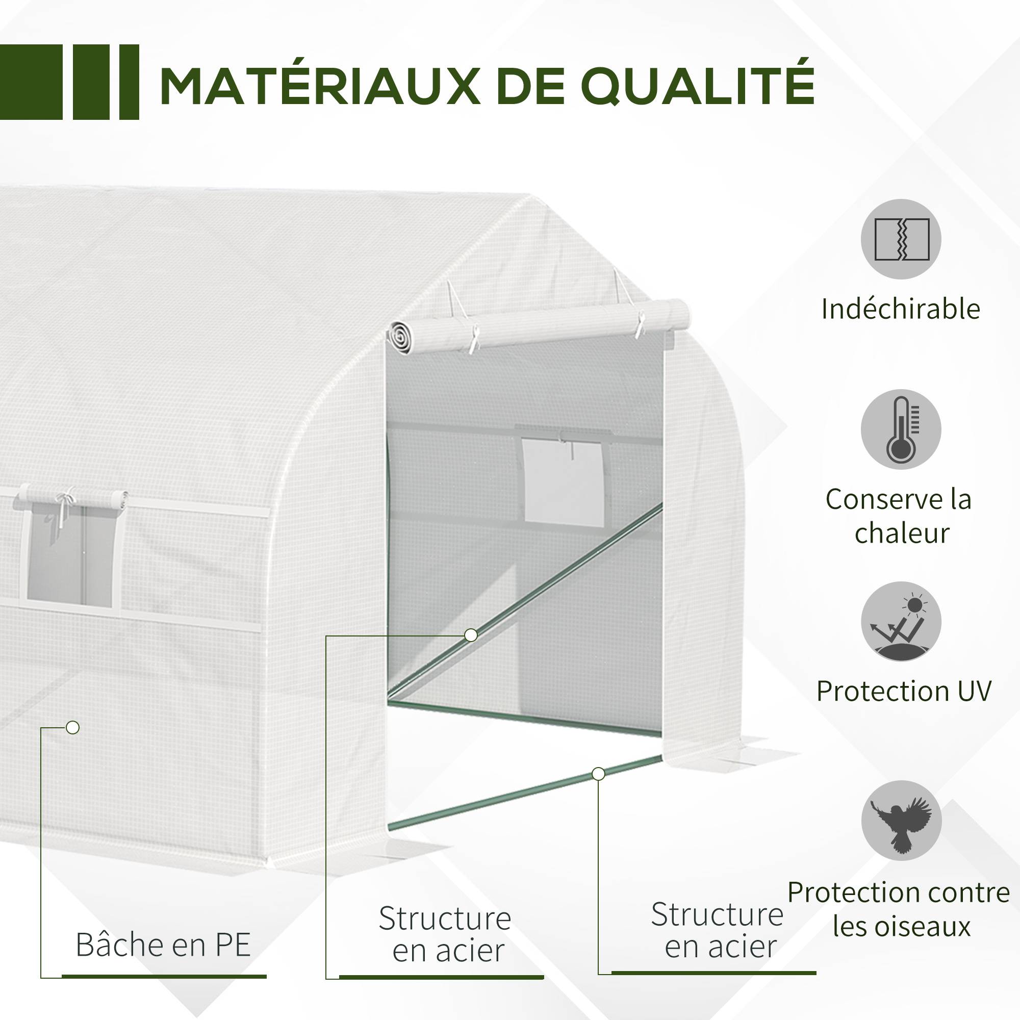 Sans Marque - Serre tunnel Outsunny 18 m² 5,95x3x2 m acier galvanisé 8 fenêtres porte zippée serre potager grande capacité blanche - Image 6