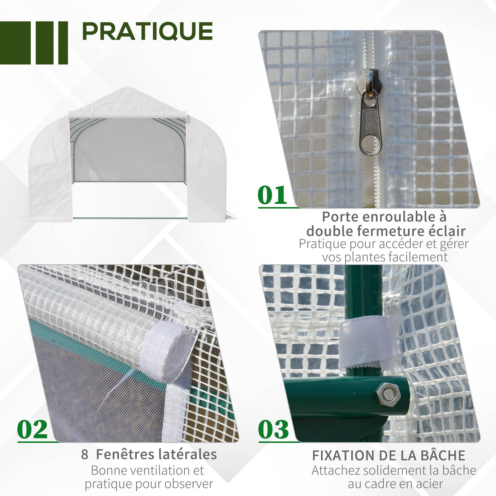Sans Marque - Serre tunnel Outsunny 18 m² 5,95x3x2 m acier galvanisé 8 fenêtres porte zippée serre potager grande capacité blanche - Image 8