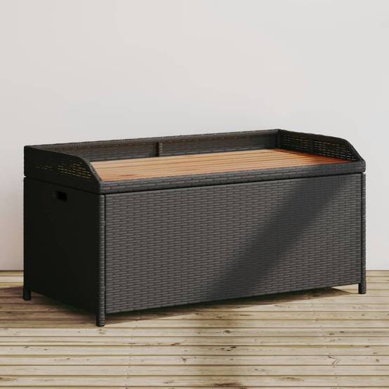 Banc Coffre Rangement Mixte Résine Tressée Bois Acacia Terrasse Noir 100cm – ComfortXL Outdoor Living - Image 1