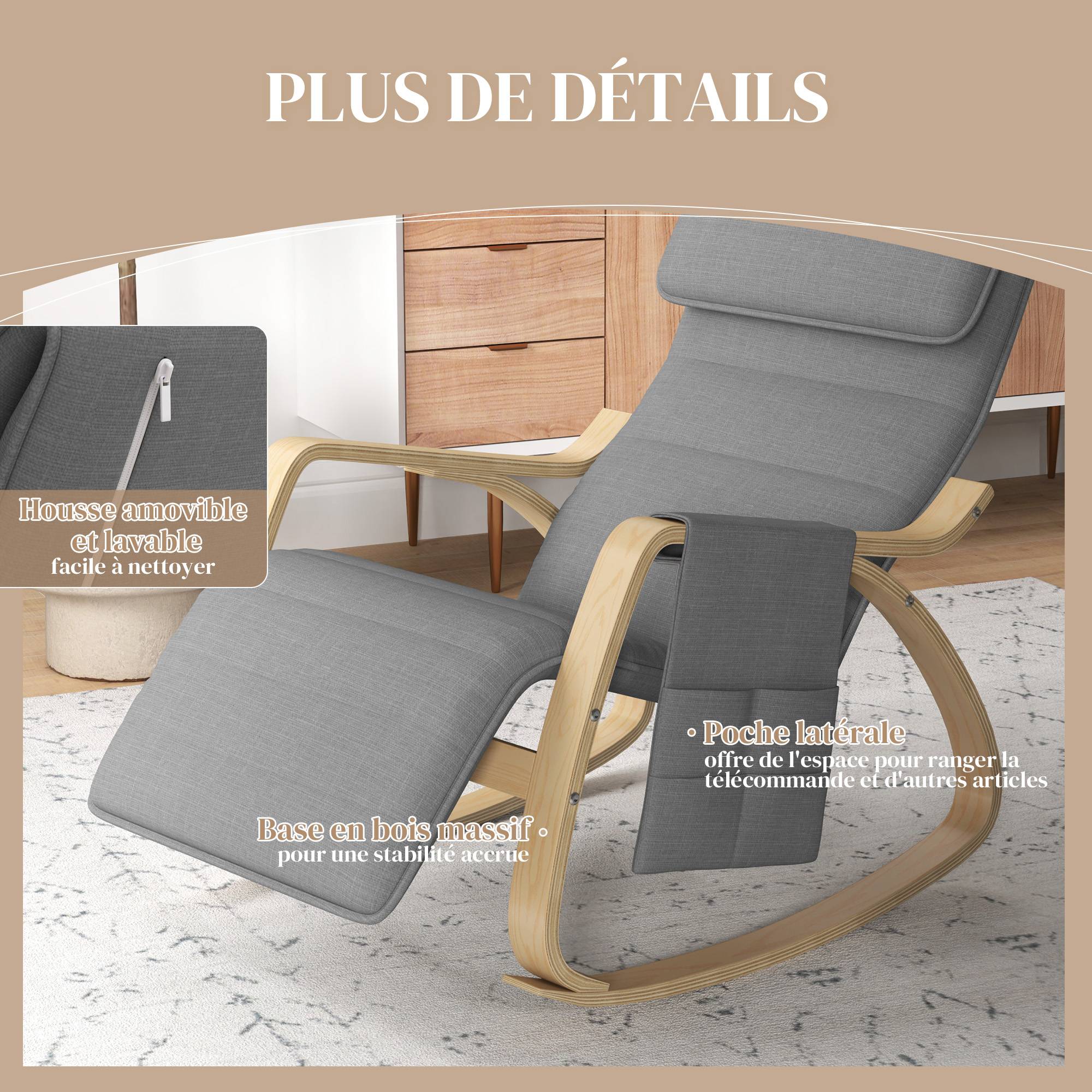 Fauteuil relax à bascule fauteuil allaitement avec repose-pieds réglable, poche latérale et appui-tête, gris - Image 8