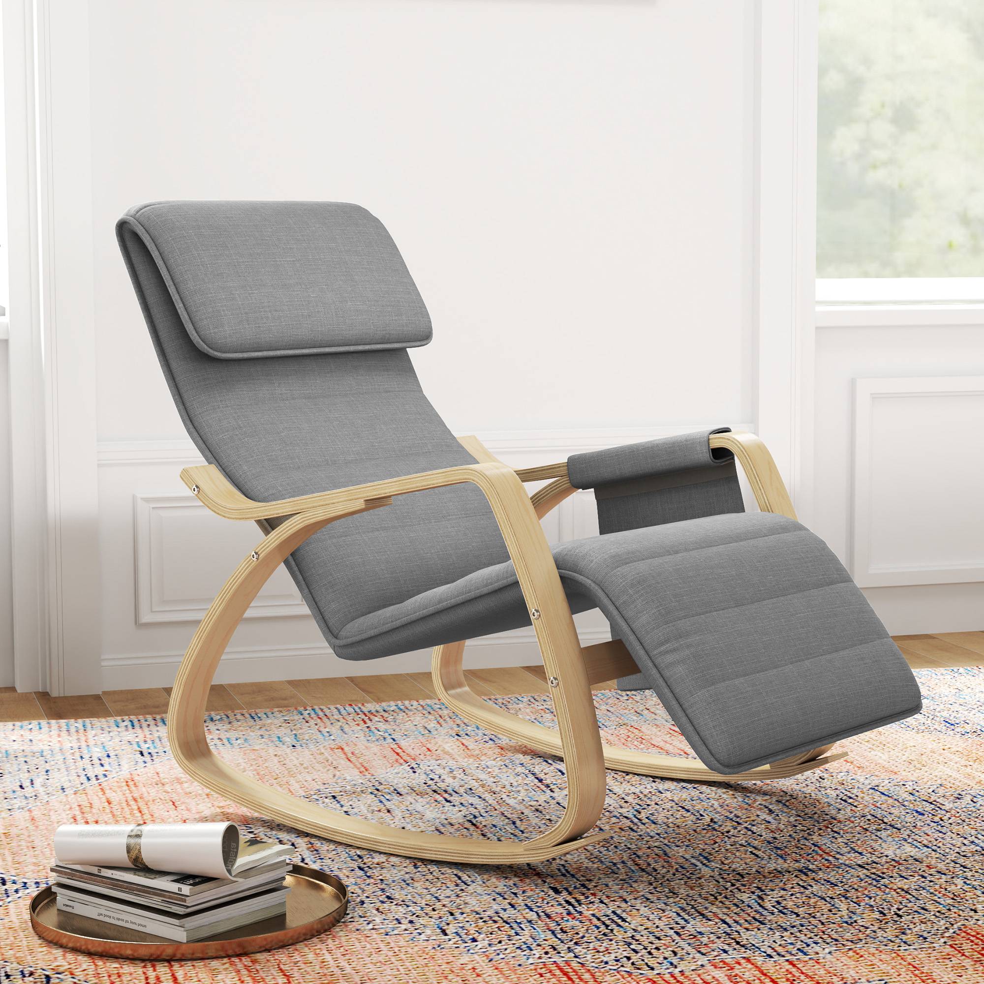 Fauteuil relax à bascule fauteuil allaitement avec repose-pieds réglable, poche latérale et appui-tête, gris - Image 3