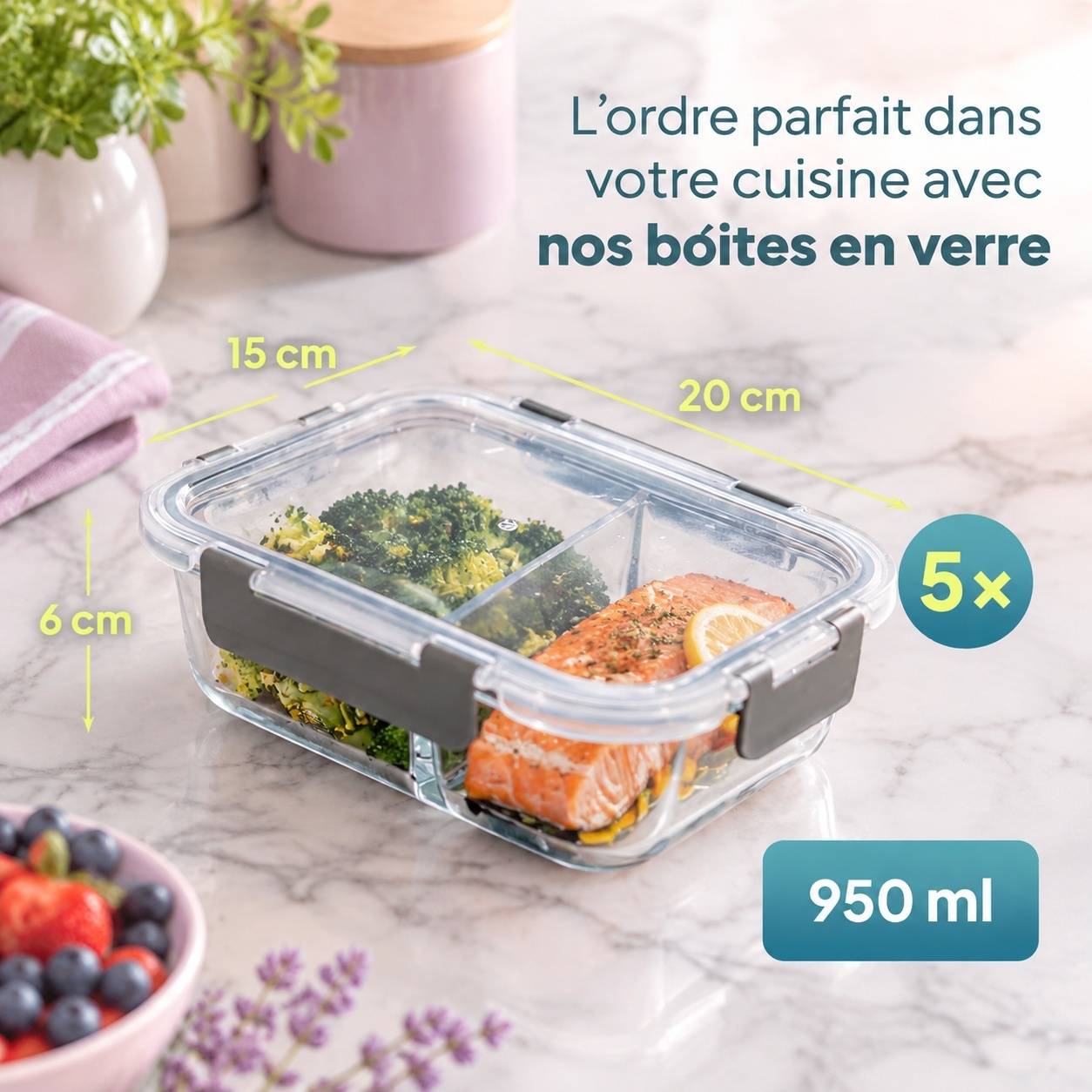Set de 5 Boîtes Alimentaires en Verre Borosilicate à 2 Compartiments - Image 2