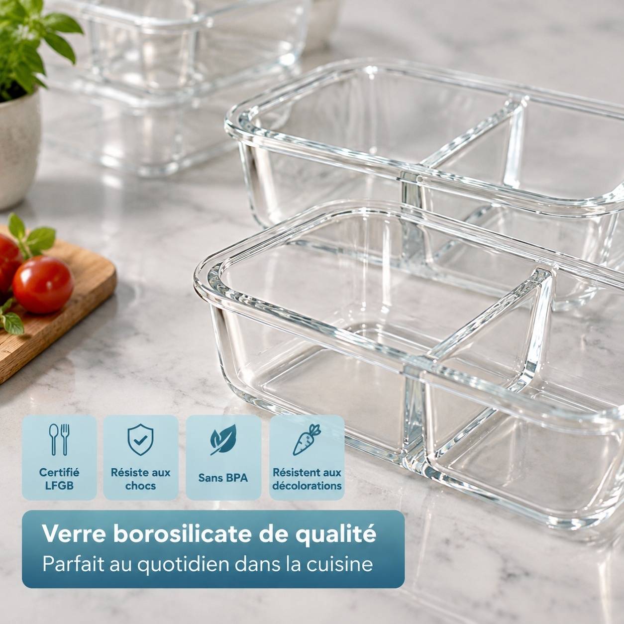 Set de 5 Boîtes Alimentaires en Verre Borosilicate à 2 Compartiments - Image 6