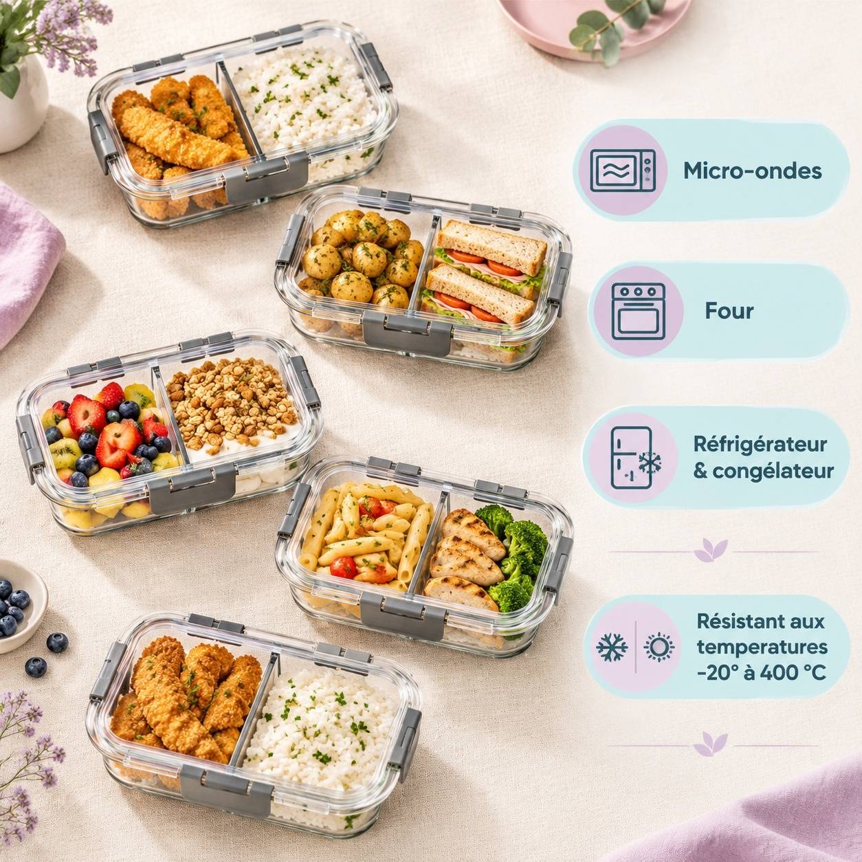 Set de 5 Boîtes Alimentaires en Verre Borosilicate à 2 Compartiments - Image 5