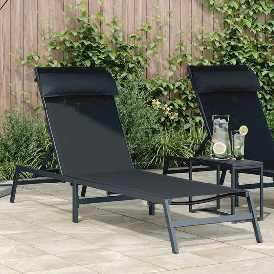 Chaise longue | Transat | Bain de soleil Noir et anthracite 197 x 54 x 86 cm Acier - Image 2