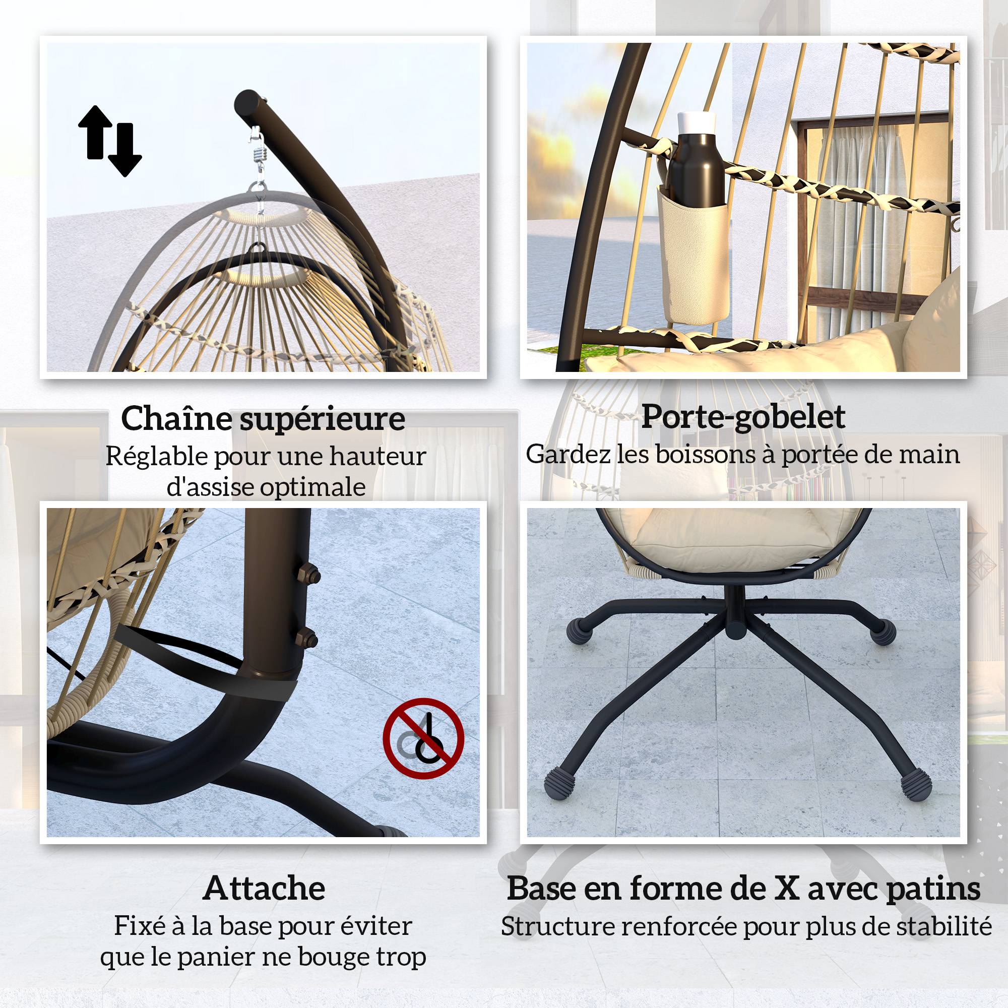 Sans Marque - Fauteuil oeuf suspendu, intérieur et extérieur, panier pliable, coussin rembourré, cadre en acier, beige - Image 9