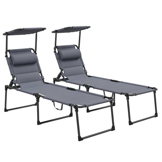 Lot 2 transats pliables métal extérieur dossier pare-soleil réglables gris - ComfortXL Outdoor Living - Image 1