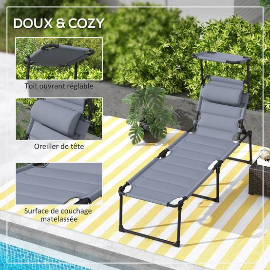 Lot 2 transats pliables métal extérieur dossier pare-soleil réglables gris - ComfortXL Outdoor Living - Image 8