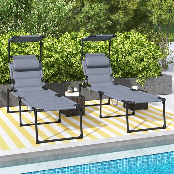 Lot 2 transats pliables métal extérieur dossier pare-soleil réglables gris - ComfortXL Outdoor Living - Image 4