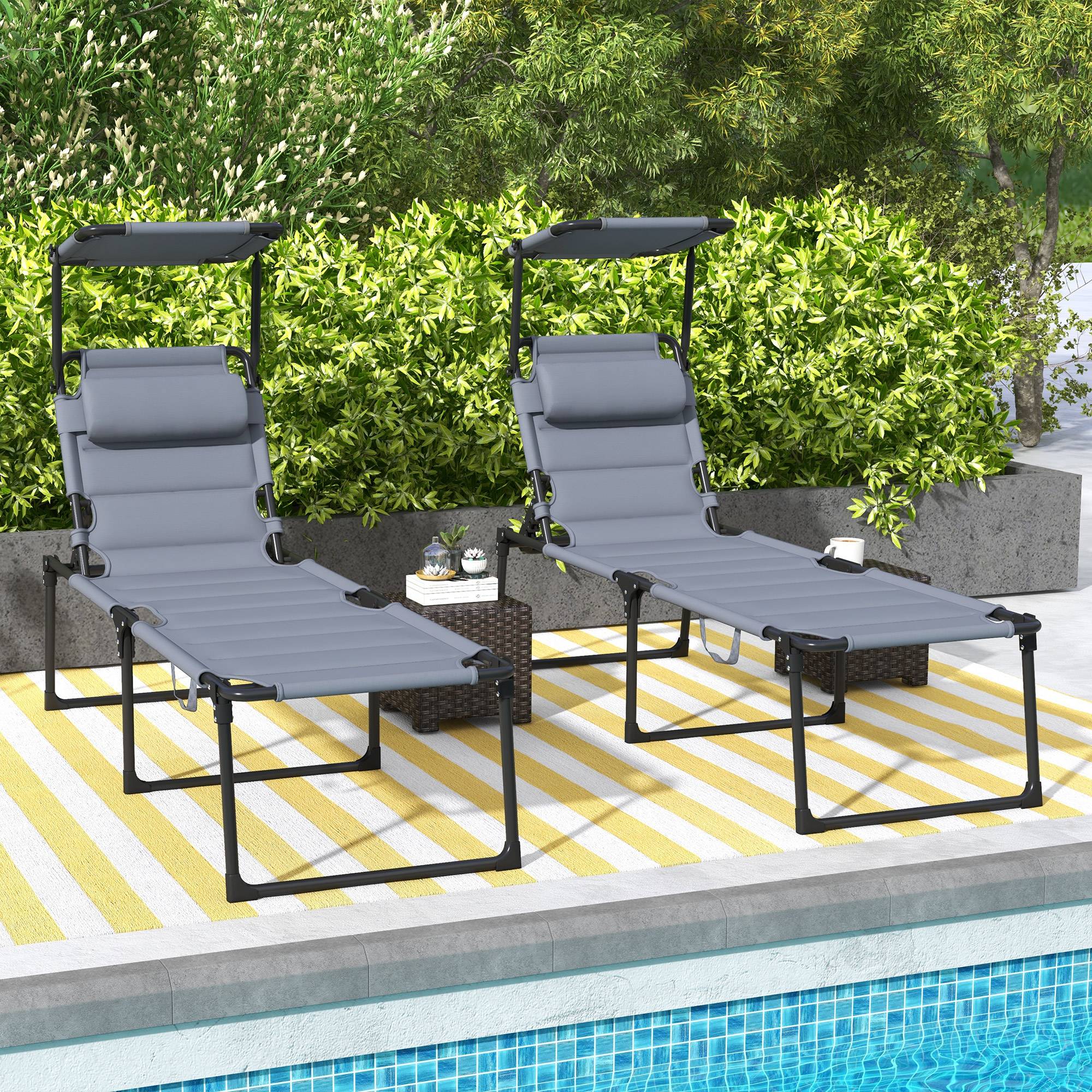 Lot 2 transats pliables métal extérieur dossier pare-soleil réglables gris - ComfortXL Outdoor Living - Image 4