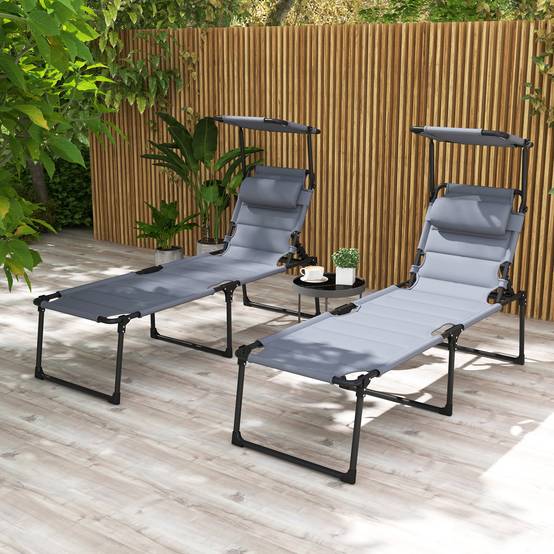 Lot 2 transats pliables métal extérieur dossier pare-soleil réglables gris - ComfortXL Outdoor Living - Image 3