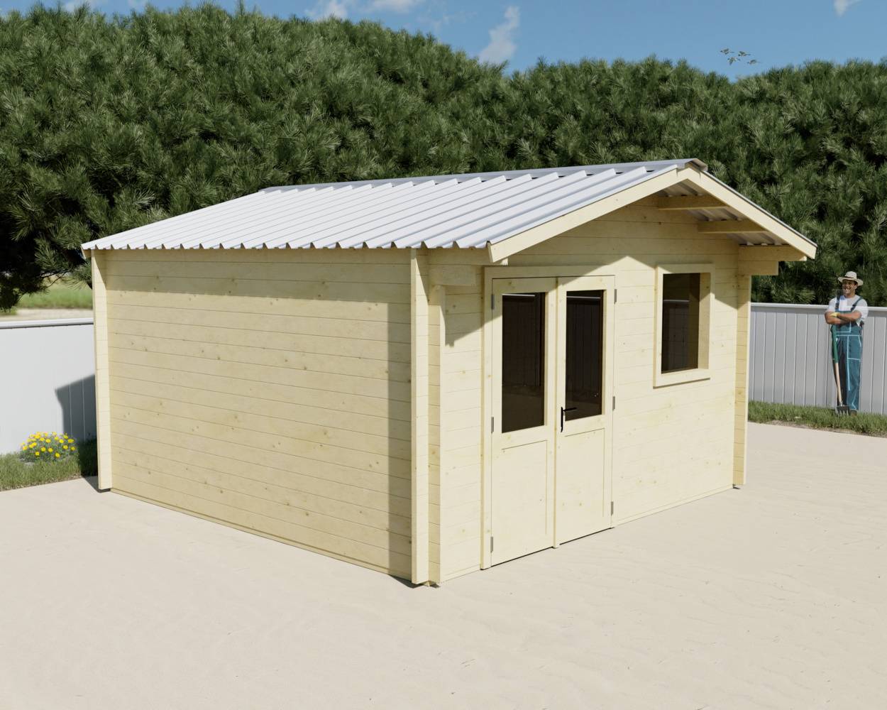 Habrita - Abri Madriers bois massif - 42 mm - surface extérieur 18,66 m2 - Toit double pente - couverture Bac acier - Image 2