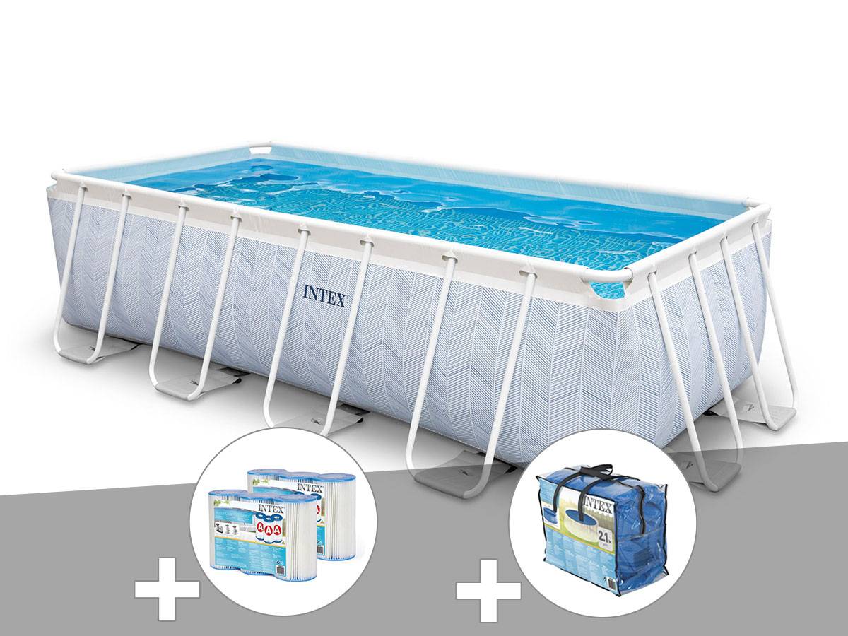 Kit piscine tubulaire Intex Chevron rectangulaire 4,00 x 2,00 x 1,00 m + 6 cartouches de filtration + Bâche à bulles - Image 1