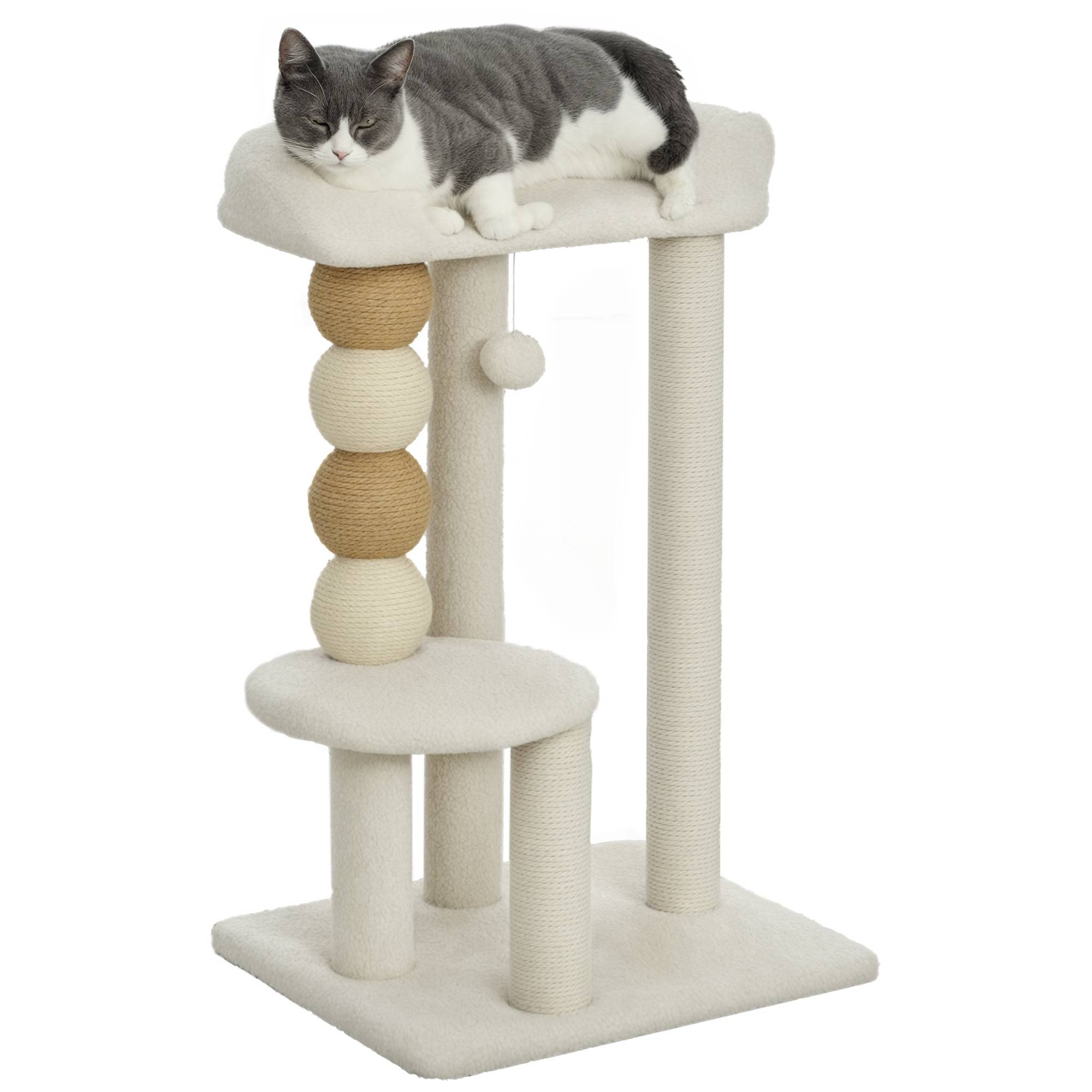 arbre à chat beige 76 cm sherpa plateformes balle suspendue jute chat doux confortable compact griffoir - Image 1