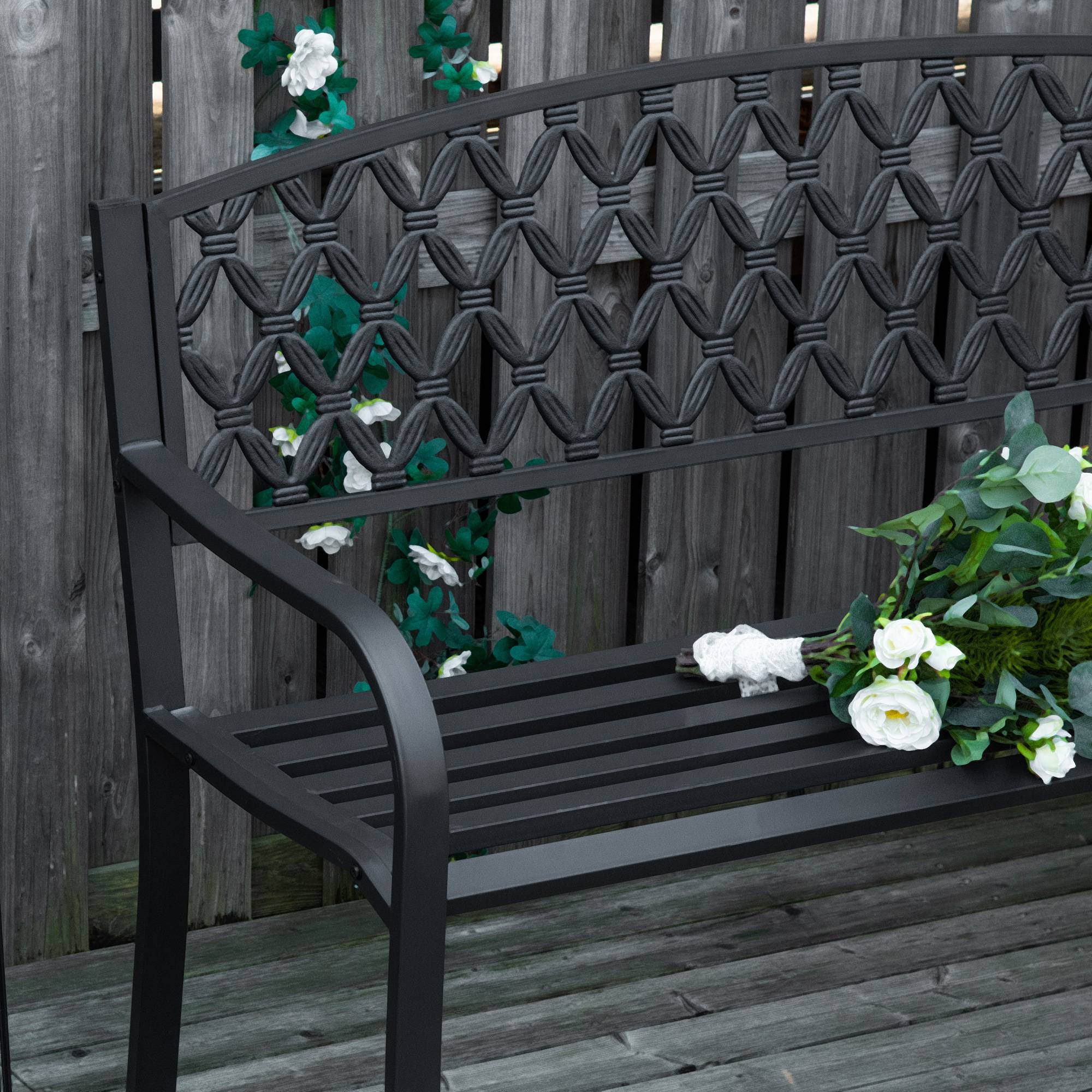 Banc d'extérieur 2 places avec accoudoirs en acier et fonte, 128 x 58,5 x 89 cm, noir - Image 9