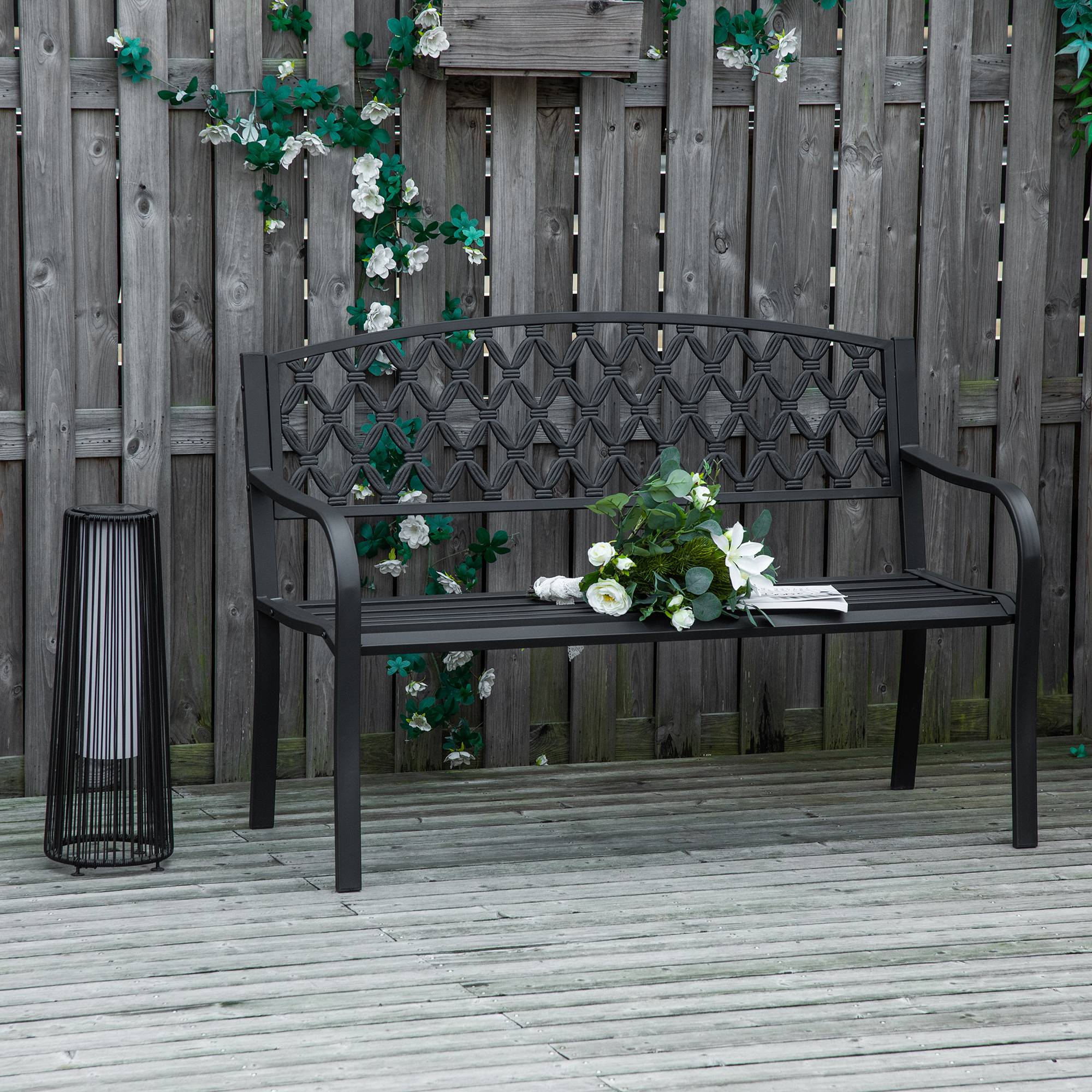 Banc d'extérieur 2 places avec accoudoirs en acier et fonte, 128 x 58,5 x 89 cm, noir - Image 3