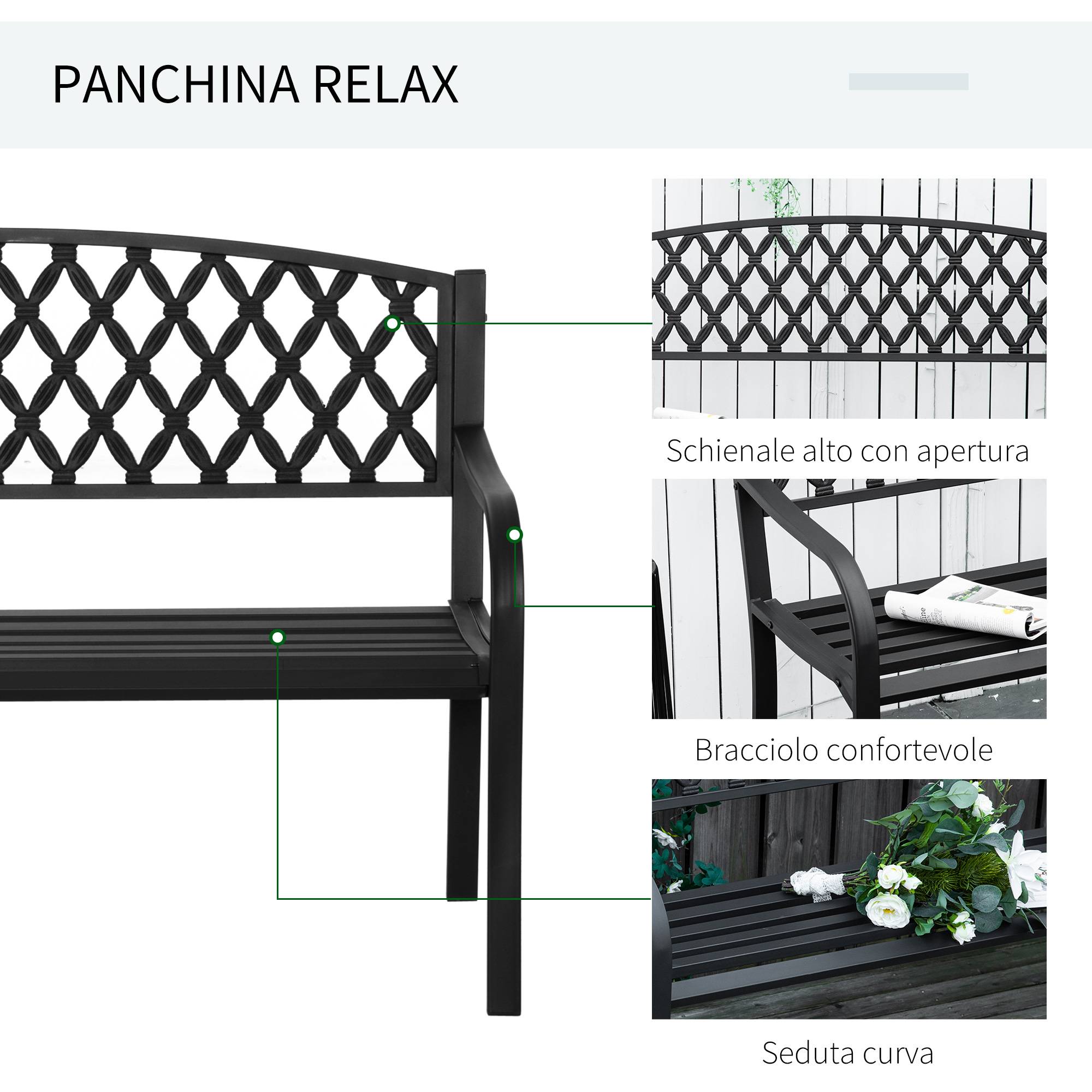Banc d'extérieur 2 places avec accoudoirs en acier et fonte, 128 x 58,5 x 89 cm, noir - Image 7