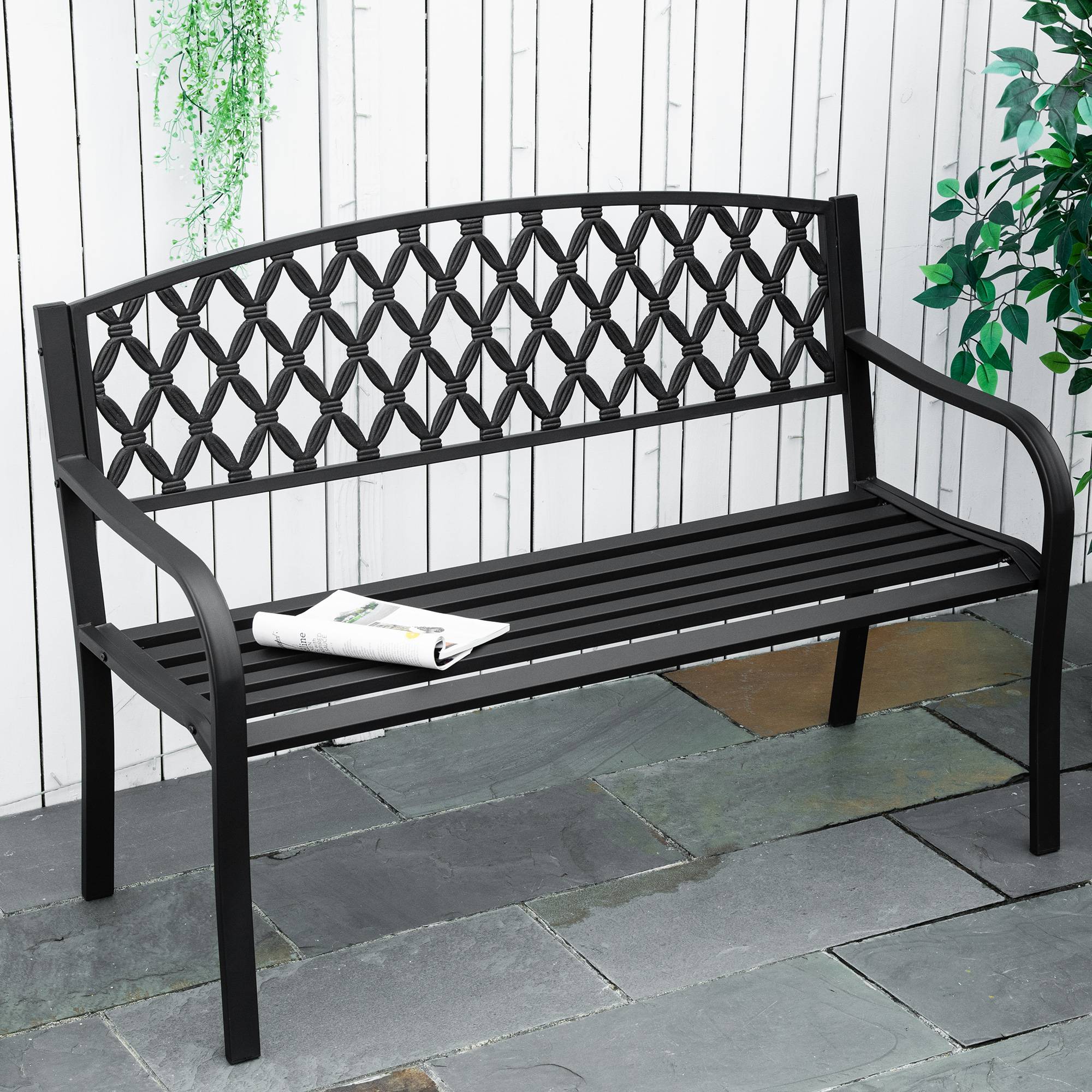 Banc d'extérieur 2 places avec accoudoirs en acier et fonte, 128 x 58,5 x 89 cm, noir - Image 4