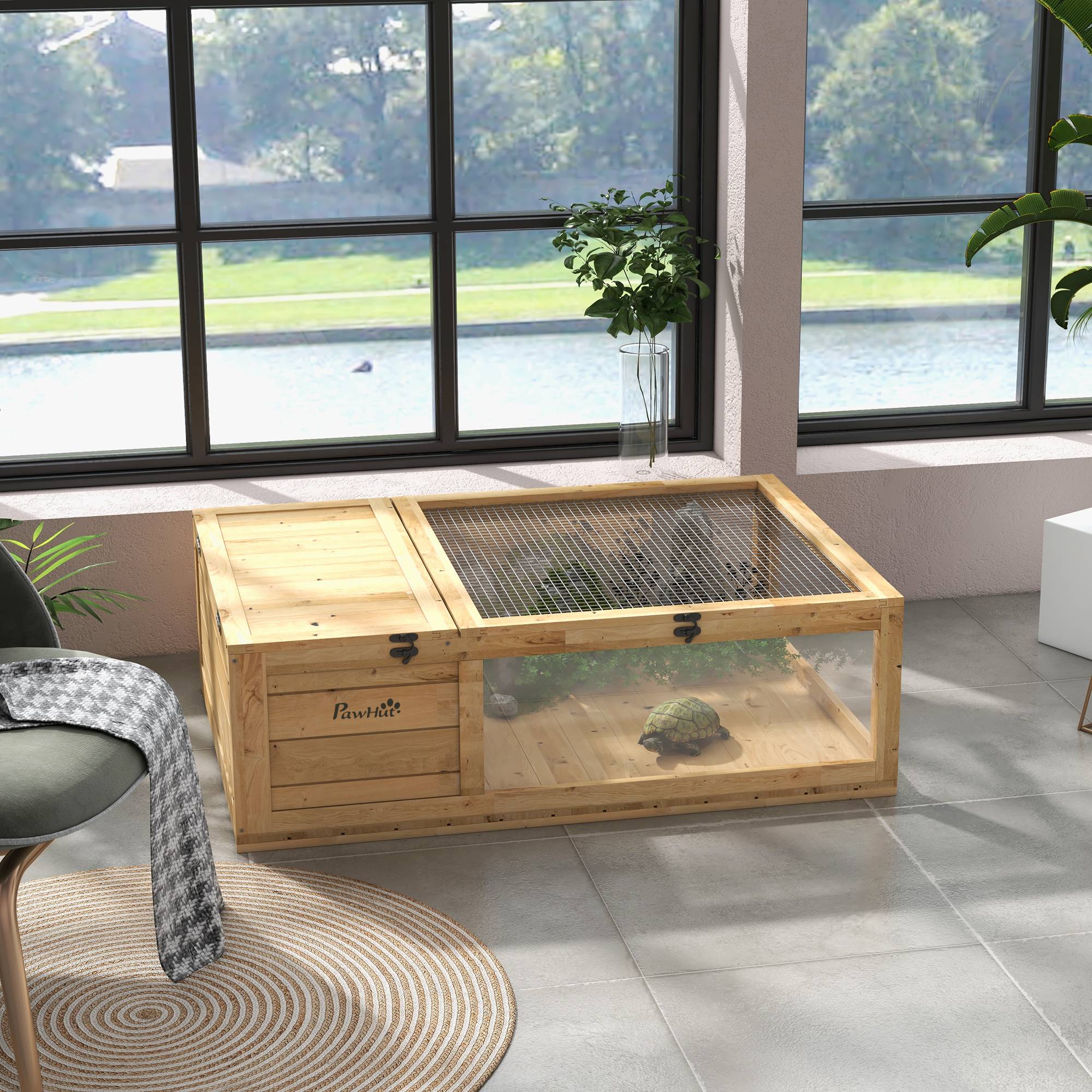 Maison enclos cage habitat pour petit animal tortues avec 2 espaces 91 x 60,5 x 32 cm bois massif jaune clair - Image 4