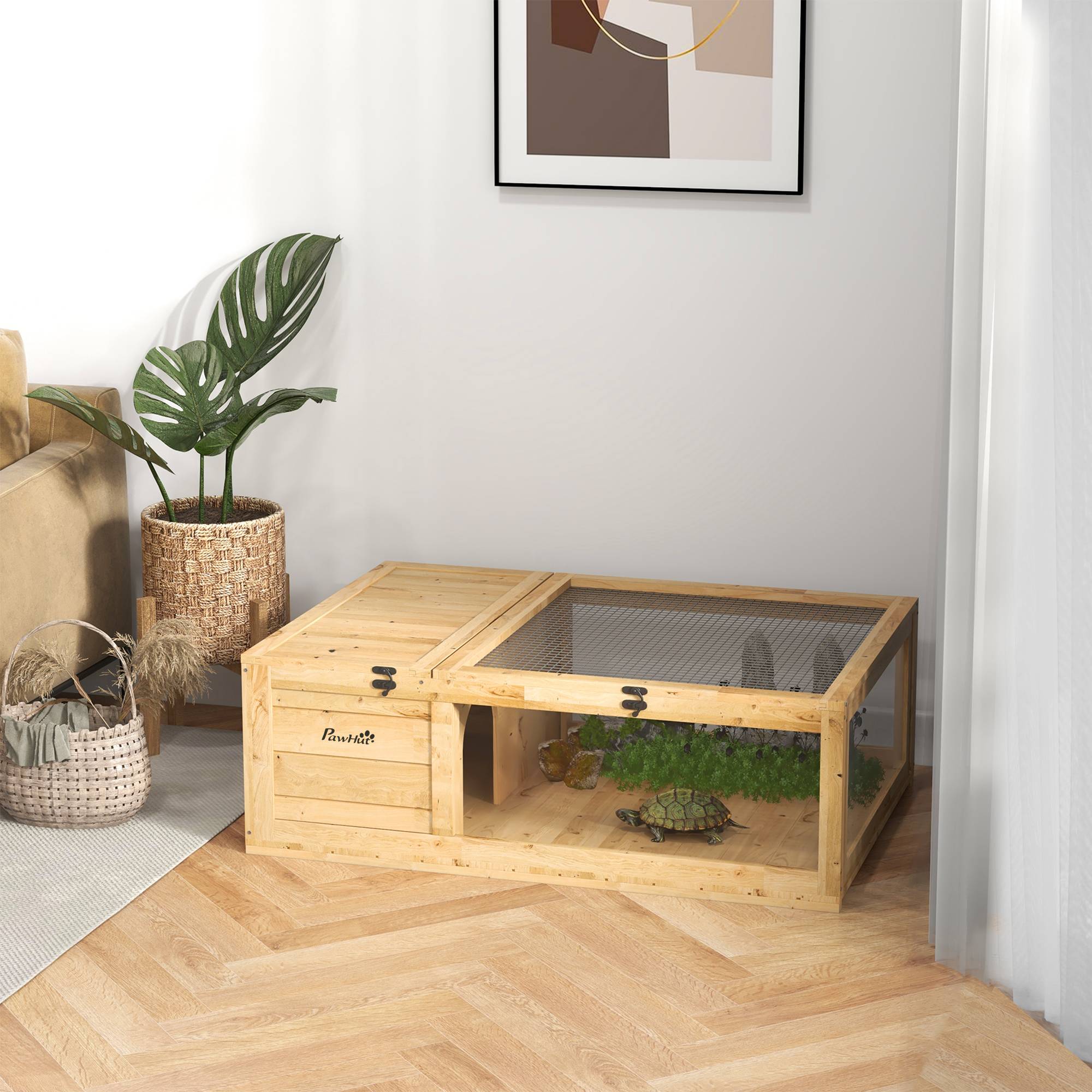 Maison enclos cage habitat pour petit animal tortues avec 2 espaces 91 x 60,5 x 32 cm bois massif jaune clair - Image 3