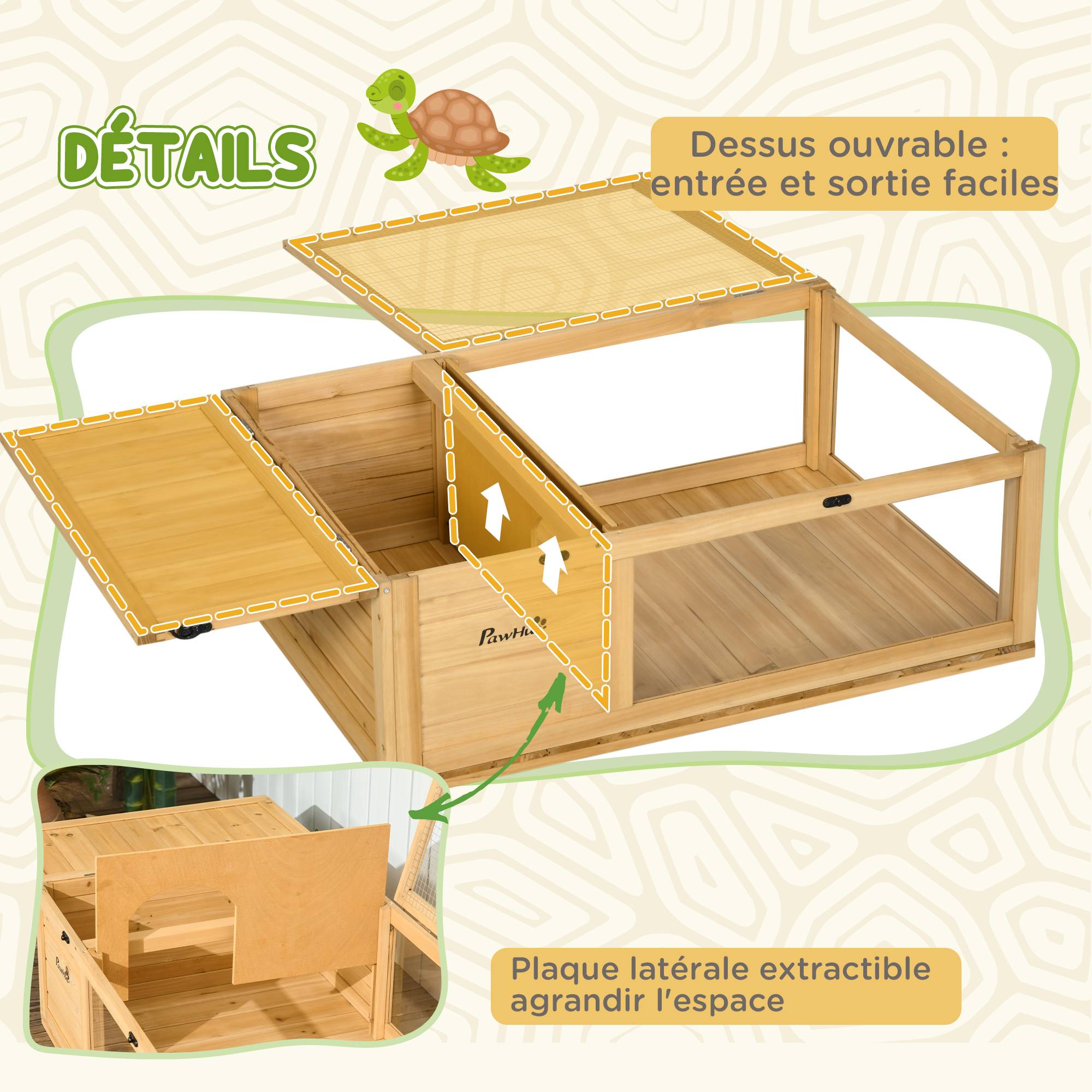 Maison enclos cage habitat pour petit animal tortues avec 2 espaces 91 x 60,5 x 32 cm bois massif jaune clair - Image 7