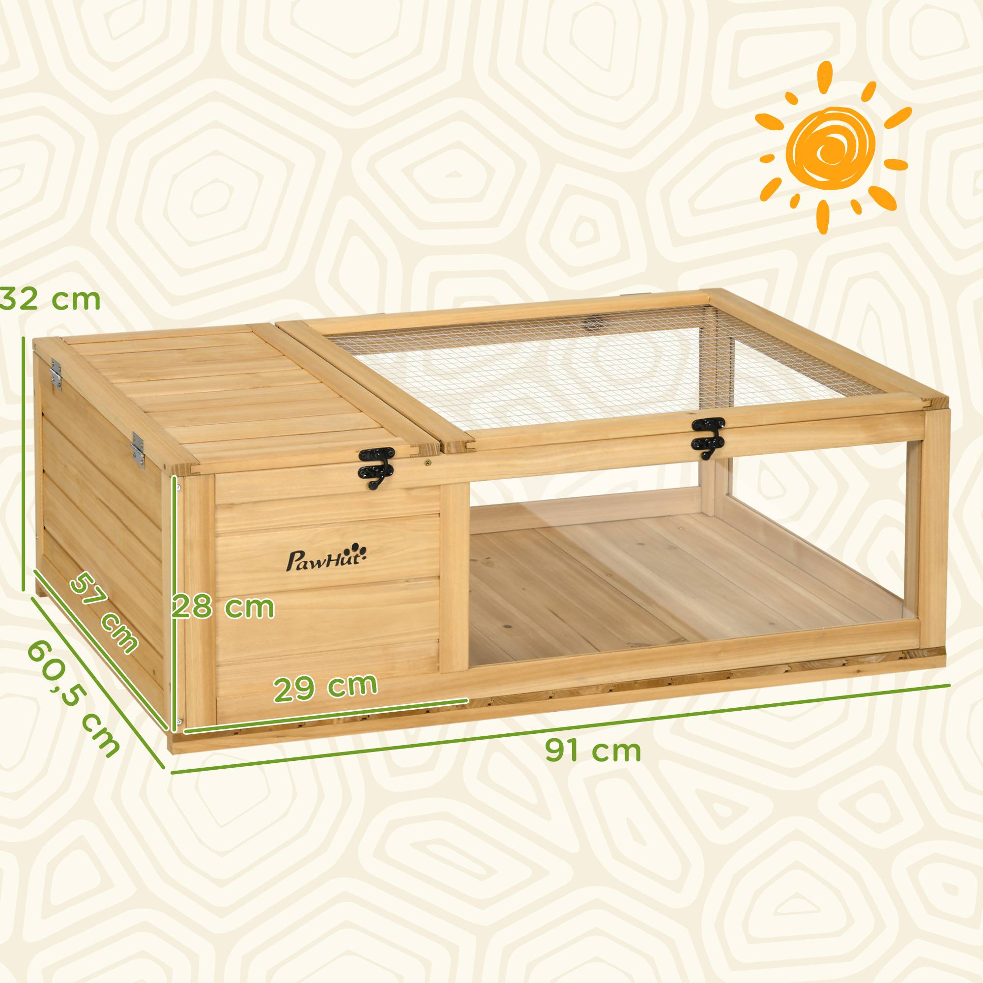 Maison enclos cage habitat pour petit animal tortues avec 2 espaces 91 x 60,5 x 32 cm bois massif jaune clair - Image 5