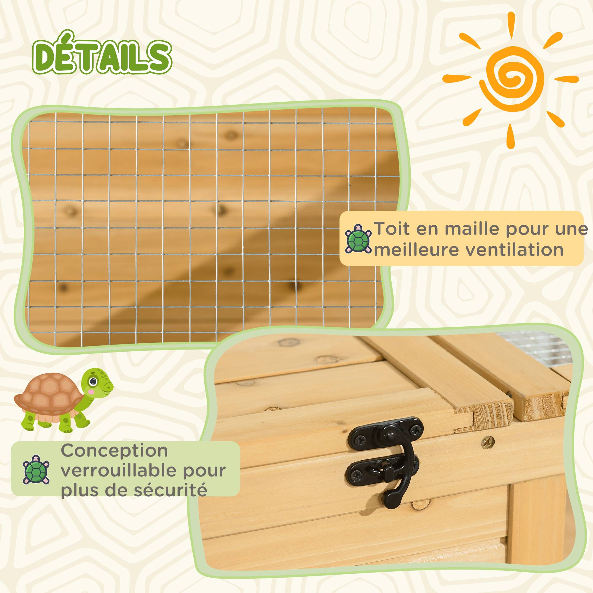 Maison enclos cage habitat pour petit animal tortues avec 2 espaces 91 x 60,5 x 32 cm bois massif jaune clair - Image 8