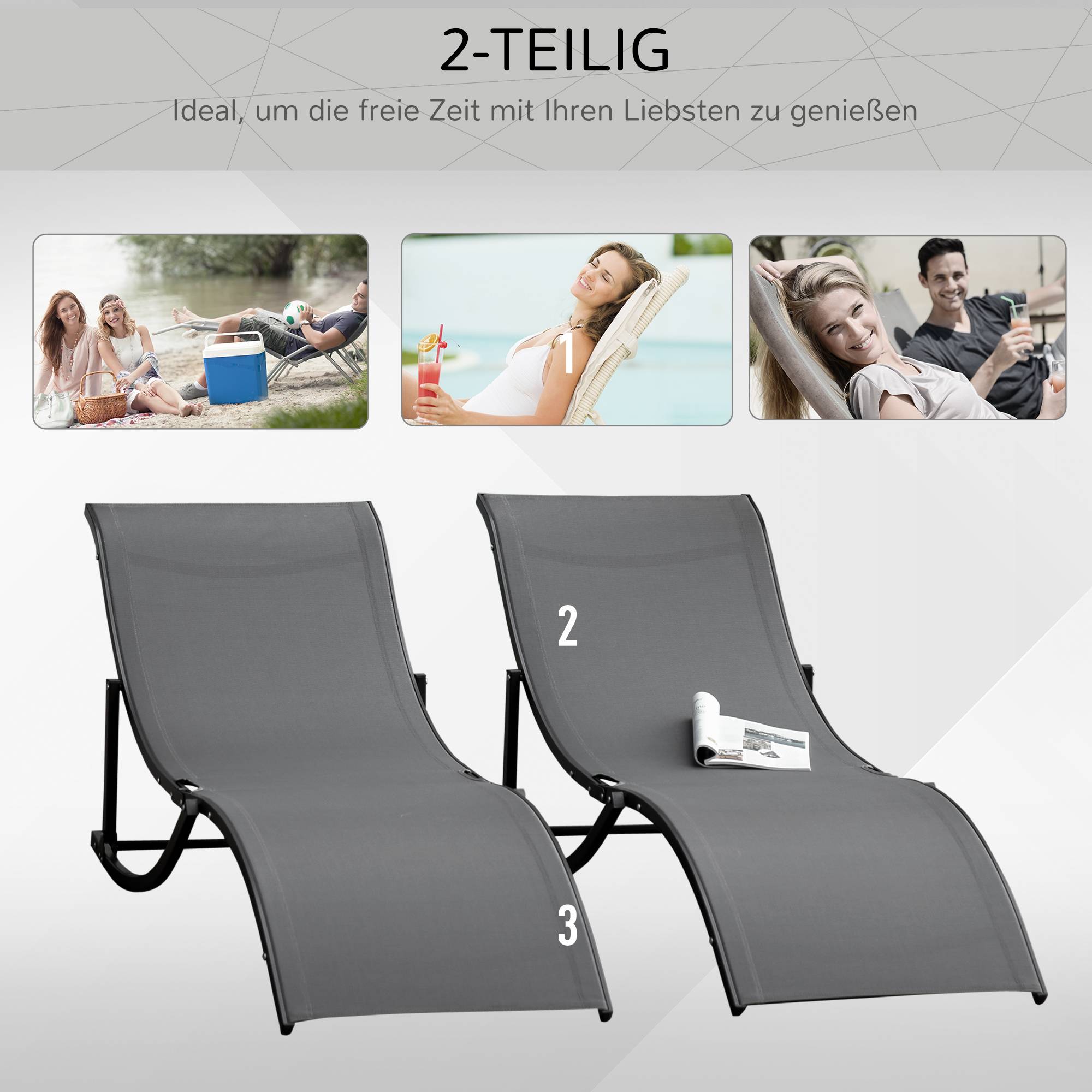 Ensemble de 2 chaises longues de jardin en tissu, ergonomiques et inclinables, en aluminium Textline gris foncé, 165 x 61 x 63 cm - Image 9