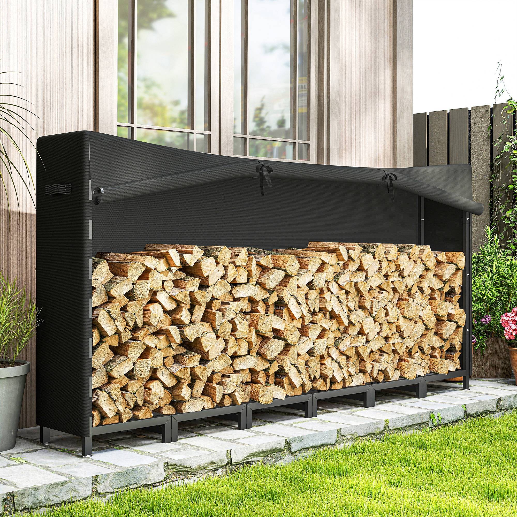 Abri à bûches extérieur en métal avec bâche imperméable, capacité de 0,8 m³, structure réglable, 235 x 31 x 116 cm, noir - Image 4