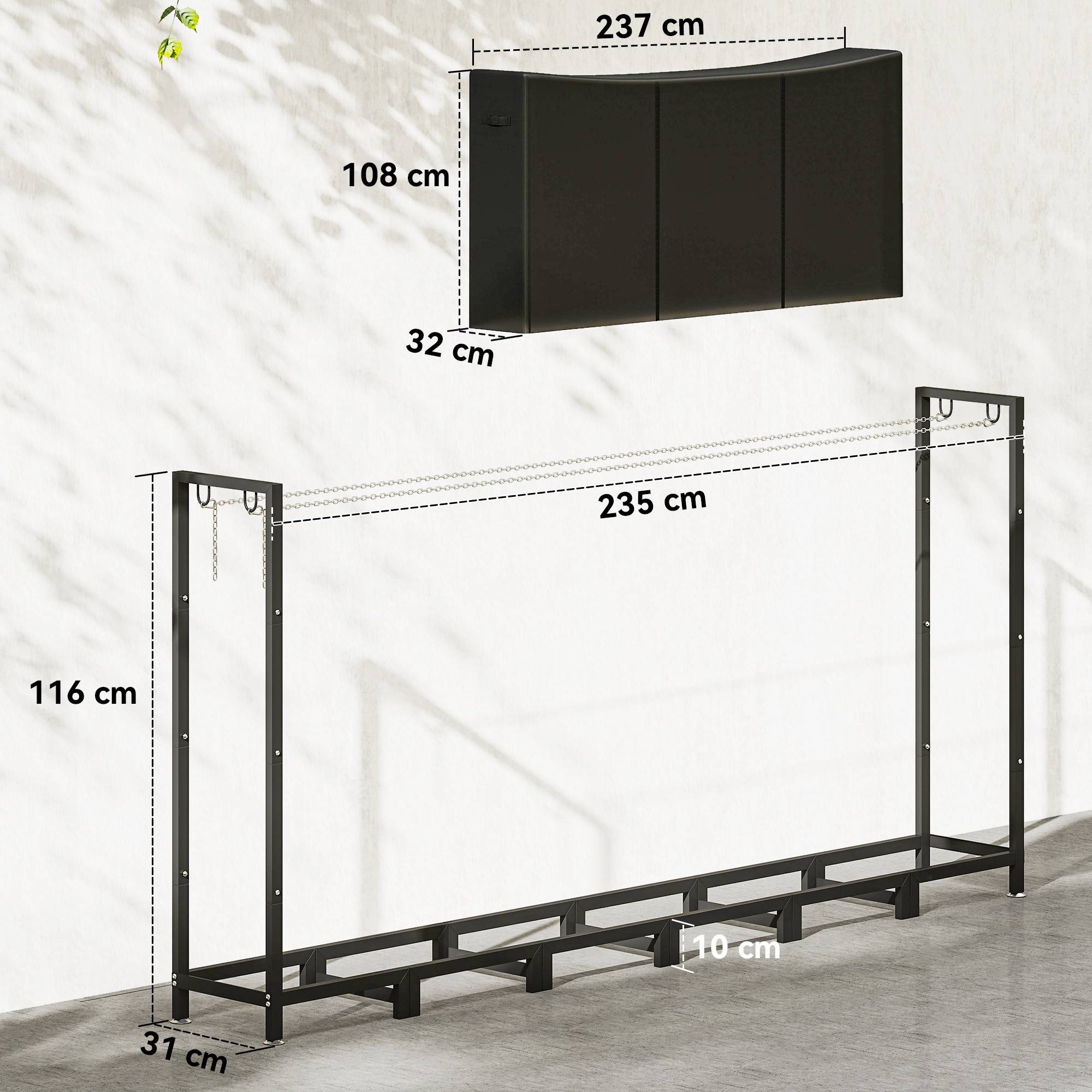 Abri à bûches extérieur en métal avec bâche imperméable, capacité de 0,8 m³, structure réglable, 235 x 31 x 116 cm, noir - Image 5