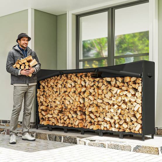 Abri à bûches extérieur en métal avec bâche imperméable, capacité de 0,8 m³, structure réglable, 235 x 31 x 116 cm, noir - Image 3