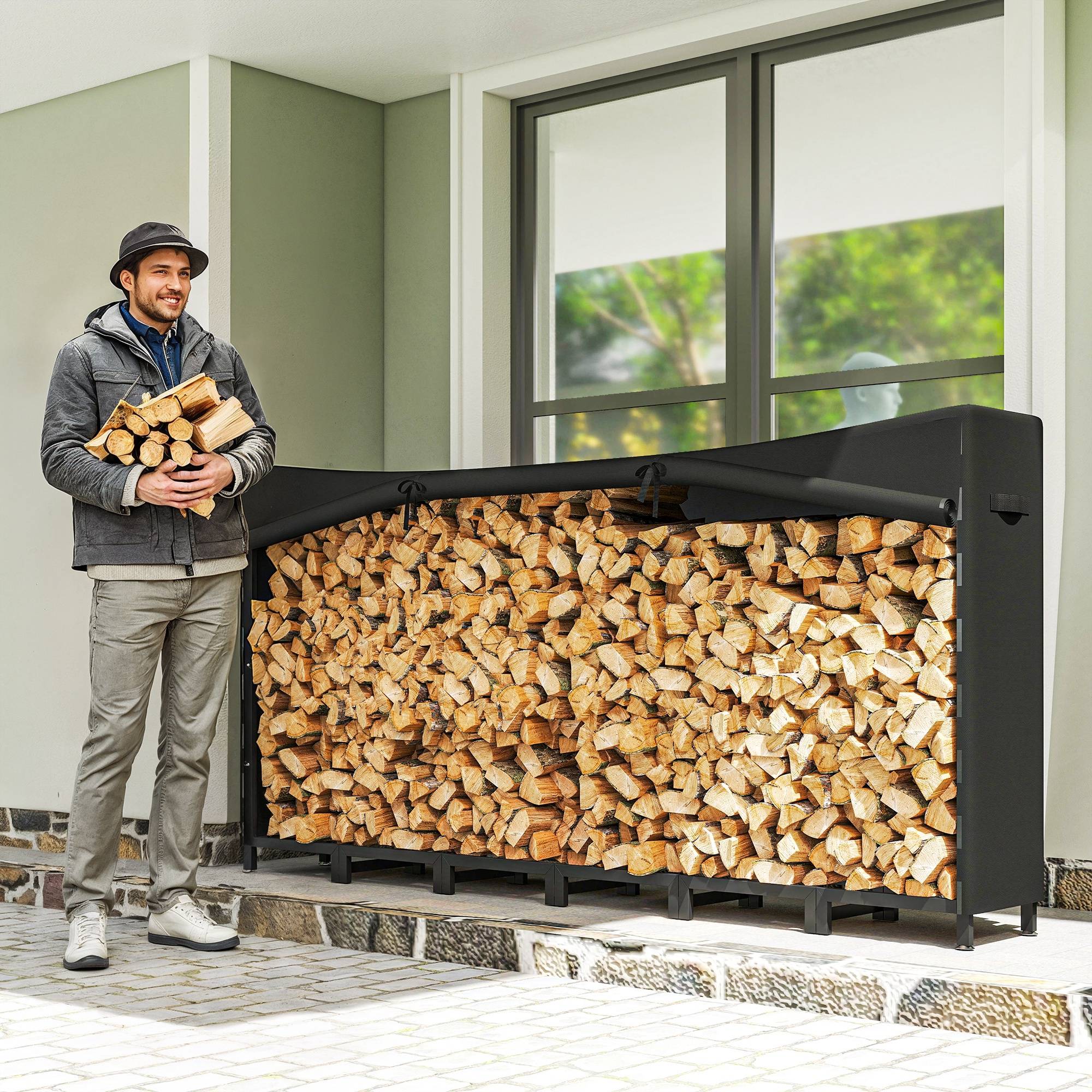 Abri à bûches extérieur en métal avec bâche imperméable, capacité de 0,8 m³, structure réglable, 235 x 31 x 116 cm, noir - Image 3