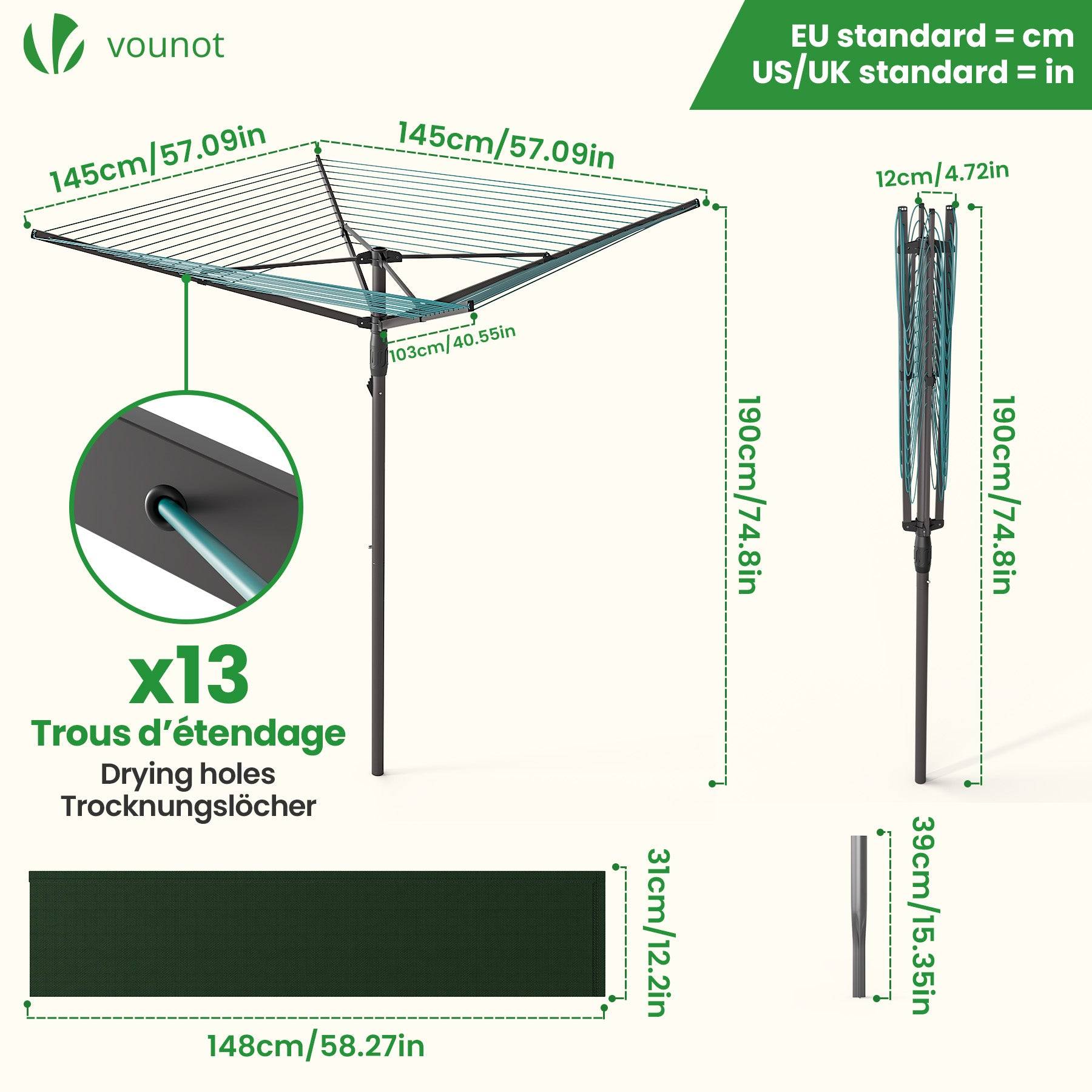 Étendoir à linge extérieur rotatif 50m avec housse de protection - Séchoir parapluie grande surface d'étendage - Gris - VOUNOT® - Image 3