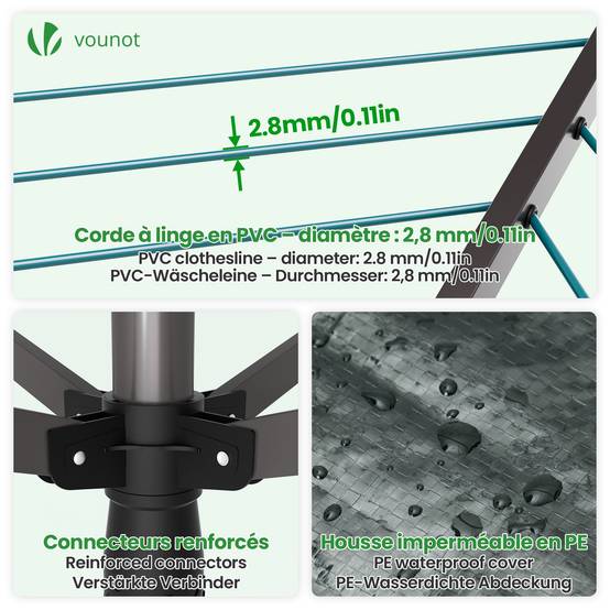 Étendoir à linge extérieur rotatif 50m avec housse de protection - Séchoir parapluie grande surface d'étendage - Gris - VOUNOT® - Image 7