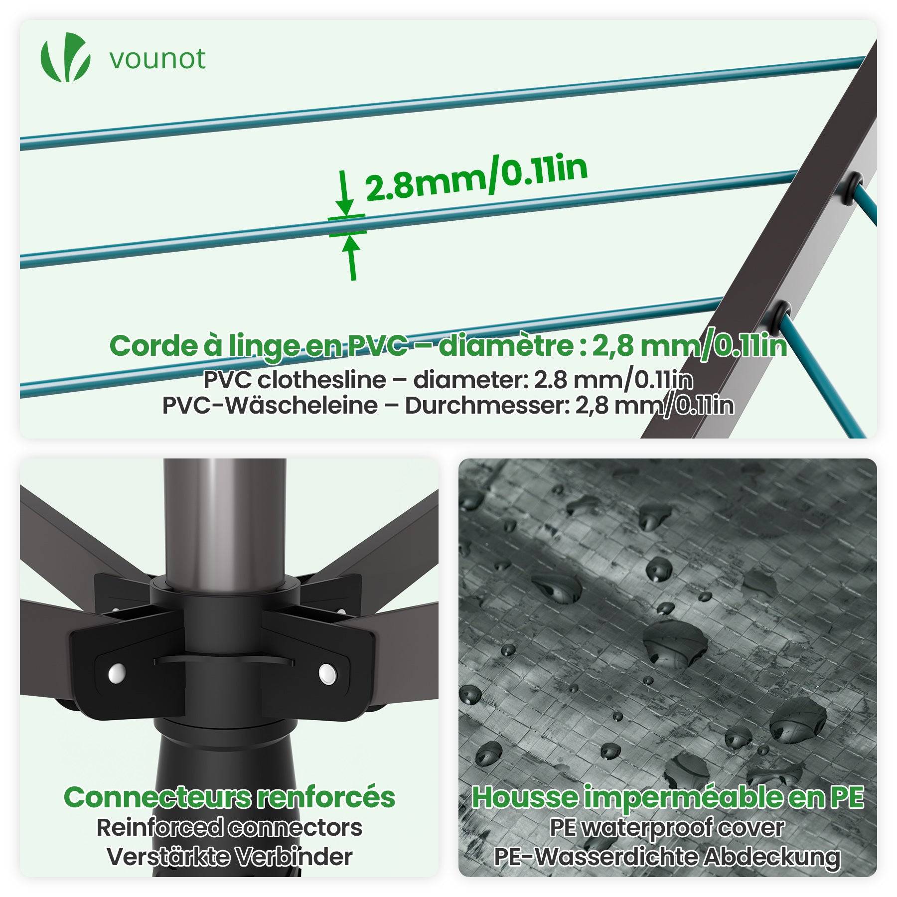 Étendoir à linge extérieur rotatif 50m avec housse de protection - Séchoir parapluie grande surface d'étendage - Gris - VOUNOT® - Image 7