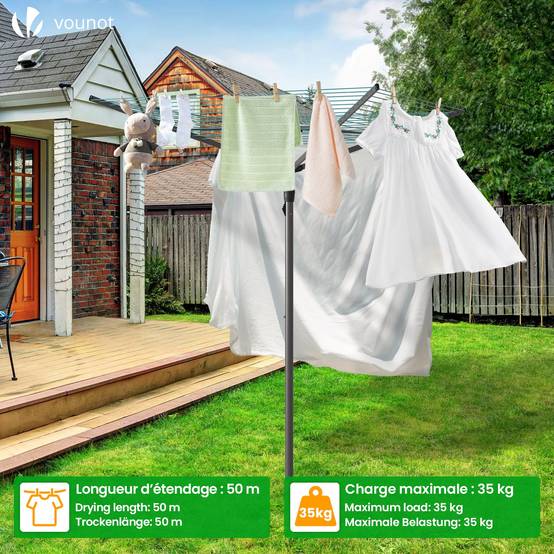 Étendoir à linge extérieur rotatif 50m avec housse de protection - Séchoir parapluie grande surface d'étendage - Gris - VOUNOT® - Image 2