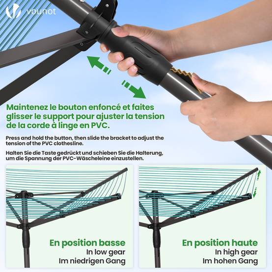 Étendoir à linge extérieur rotatif 50m avec housse de protection - Séchoir parapluie grande surface d'étendage - Gris - VOUNOT® - Image 6