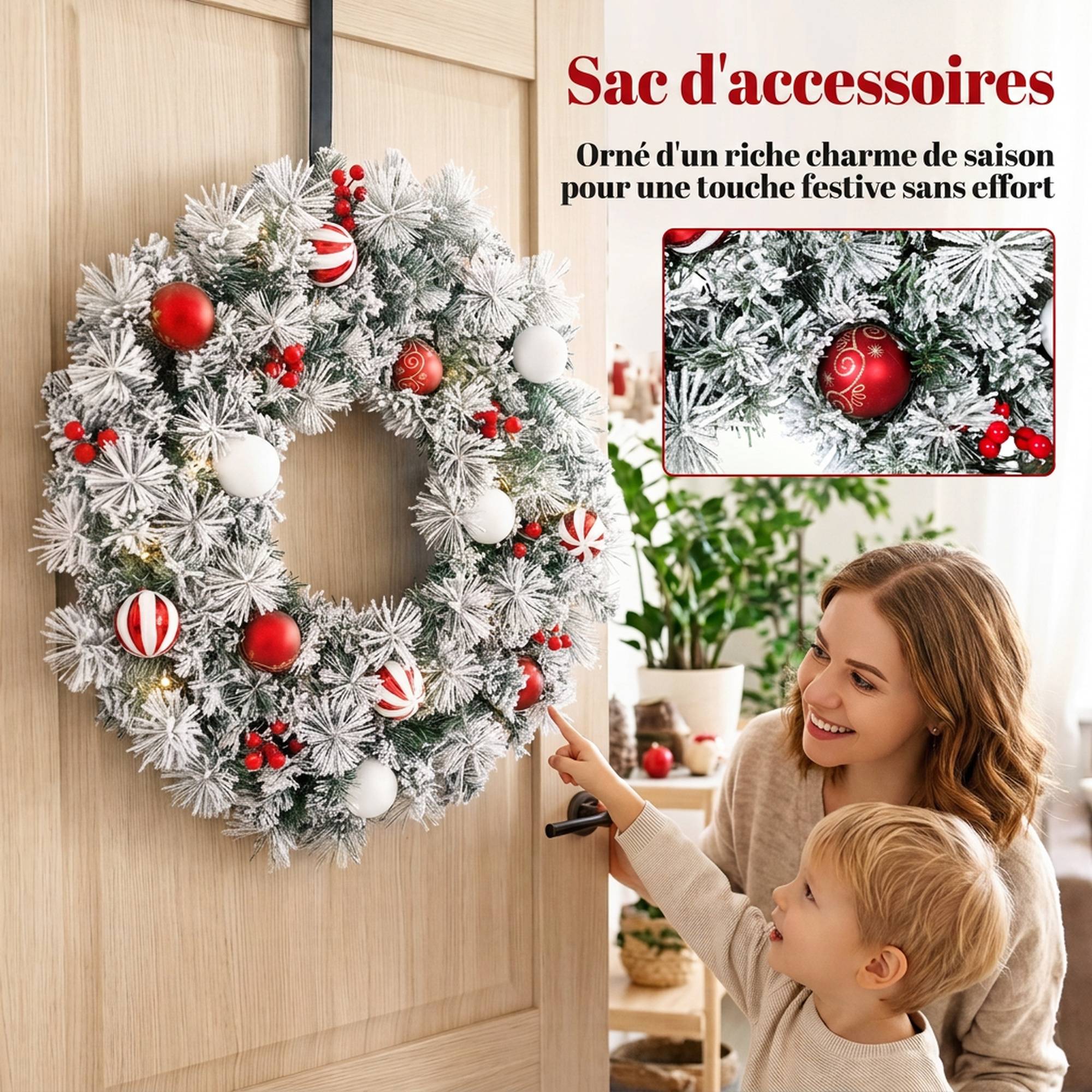 Sans Marque - Couronne de Noël Lumineuse 60 cm Enneigée Floquée avec 50 LED, 15 Boules Décoratives, 140 Branches, 8 Modes, Vert - Image 8