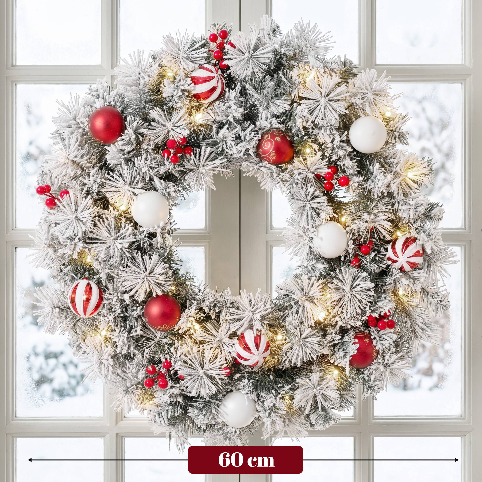 Sans Marque - Couronne de Noël Lumineuse 60 cm Enneigée Floquée avec 50 LED, 15 Boules Décoratives, 140 Branches, 8 Modes, Vert - Image 5