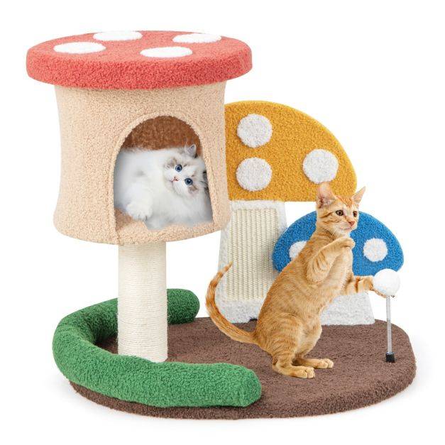 Helloshop26 - Arbre à chat 59 cm en forme de champignon boule à ressort condo poteau griffoir centre d'activités pour chat multicolore - Image 2