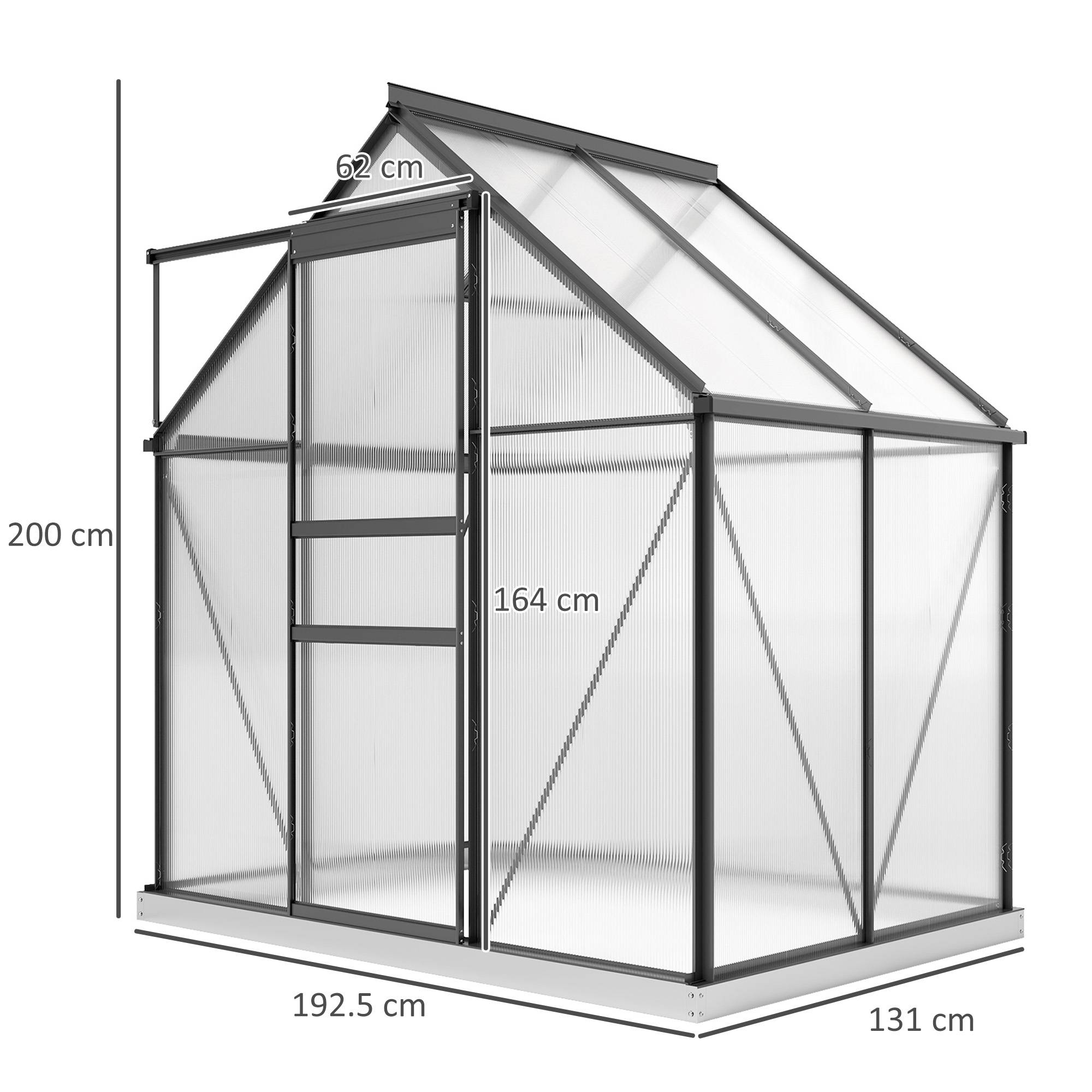 Serre de jardin aluminium et polycarbonate avec fenêtre de toit 192x131x200 cm gris - ComfortXL Outdoor Living - Image 5