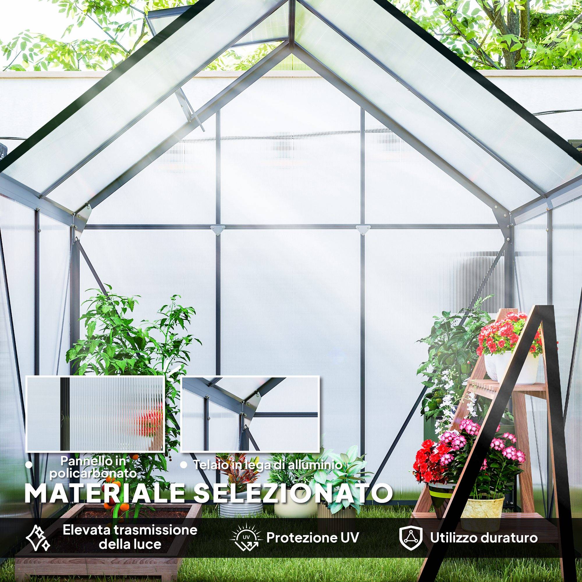 Serre de jardin aluminium et polycarbonate avec fenêtre de toit 192x131x200 cm gris - ComfortXL Outdoor Living - Image 6