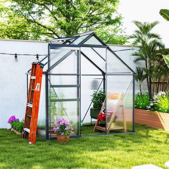 Serre de jardin aluminium et polycarbonate avec fenêtre de toit 192x131x200 cm gris - ComfortXL Outdoor Living - Image 4
