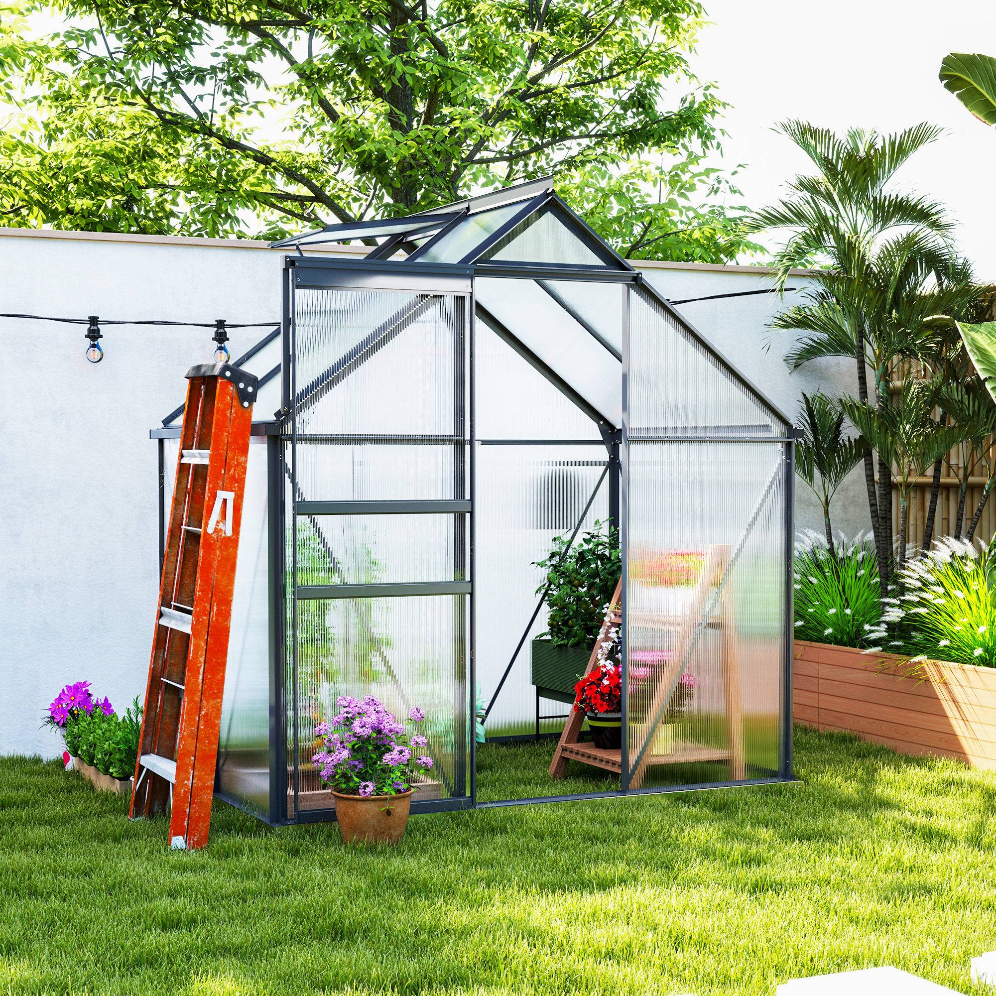 Serre de jardin aluminium et polycarbonate avec fenêtre de toit 192x131x200 cm gris - ComfortXL Outdoor Living - Image 4
