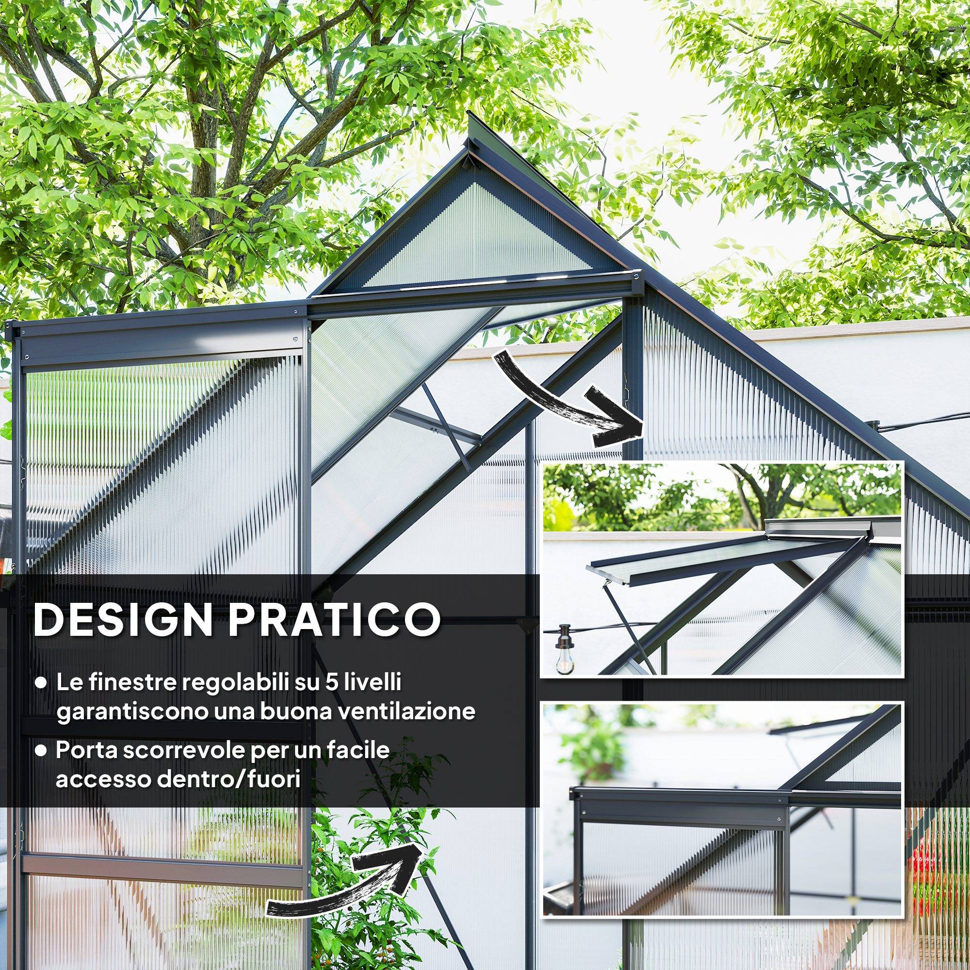 Serre de jardin aluminium et polycarbonate avec fenêtre de toit 192x131x200 cm gris - ComfortXL Outdoor Living - Image 7