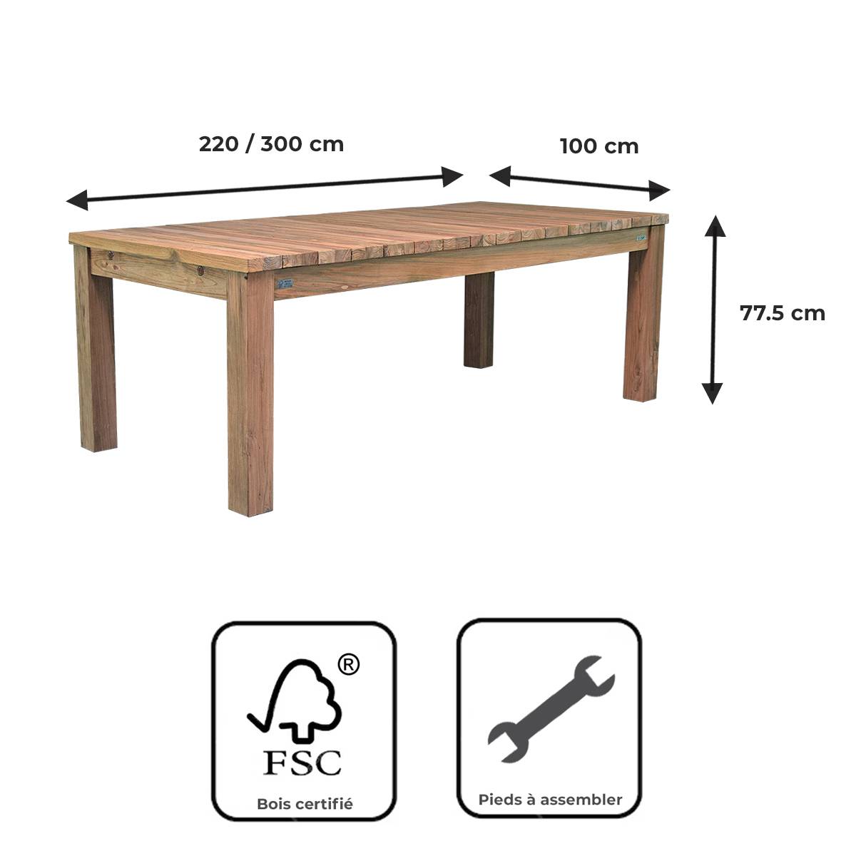 Table extensible en teck recyclé 220/260 /300 x 100 Taurus - Gecko Jardin - Image 9