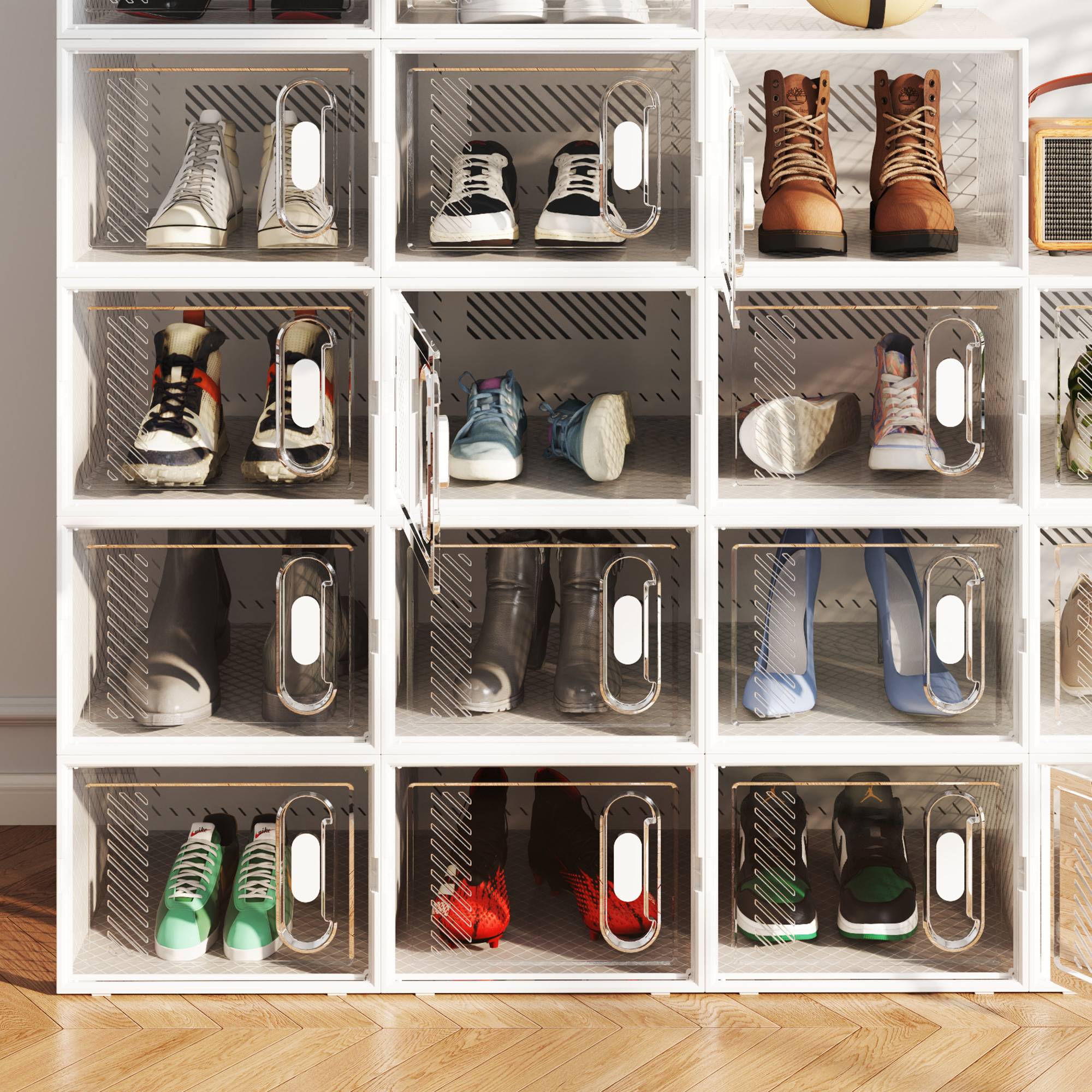 Range-chaussures 8 pièces, boîtes à chaussures empilables pour chaussures jusqu'à la pointure 46, portes magnétiques, plastique, 28 x 36 x 21 cm - Image 9