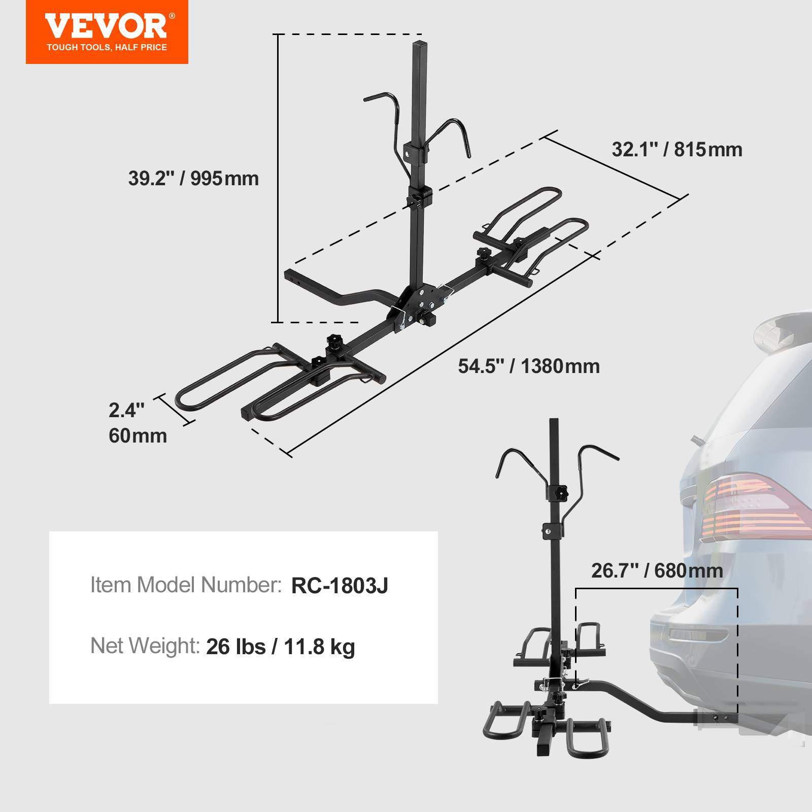 Vevor - VEVOR Porte-vélos attelage 2 vélos 36 kg, compatible récepteurs 30/51 mm, inclinable et pliable. - Image 6