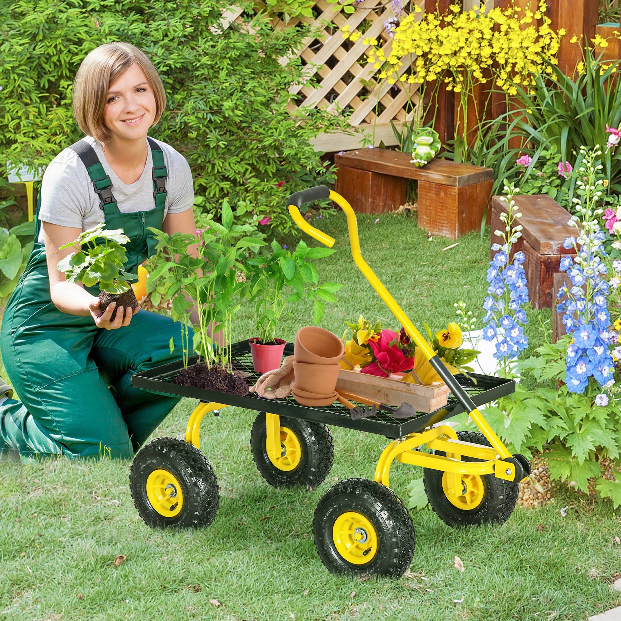 ComfortXL - Chariot de jardin en acier 94 x 48,5 x 100 cm jaune noir extérieur charge 150 kg - ComfortXL Outdoor Living - Image 3