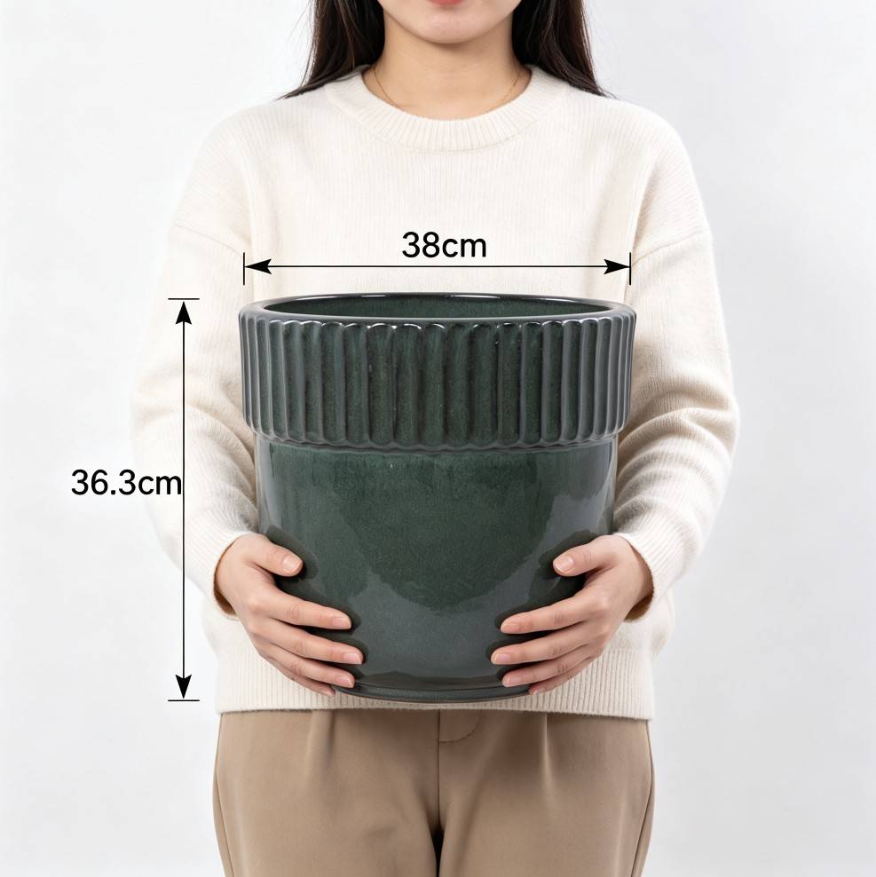 ComfortXL - Pot de fleurs en céramique pour intérieur et jardin drainage antigel Ø 38 cm vert foncé - ComfortXL Outdoor Living - Image 2